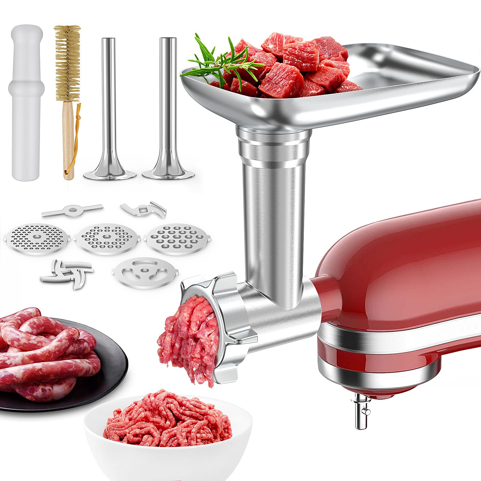 Metal Food Grinder Attachment for KitchenAid Stand Mixers, Meat Grinder Accessories Including Sausage Stuffer Tubes & Holder, Grinding Plates, Grinding Blades
