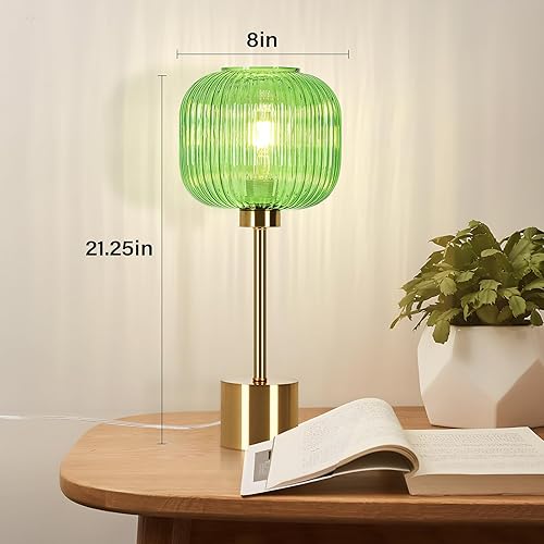 Miniatura 4 de Lámpara de mesa de cristal verde con 3 vías regulable y control táctil, lámpara de mesita de noche vintage moderna de mediados de siglo para