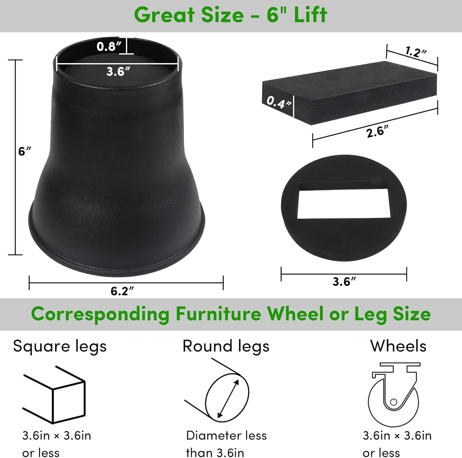 DEDU Bed Risers 6 Inch Heavy Duty 9 Pack, Furniture Risers with Caster Pads Supports Up to 6600 Lbs, Round Couch Risers for Sofas, Couch, Desk or Chair (Black)