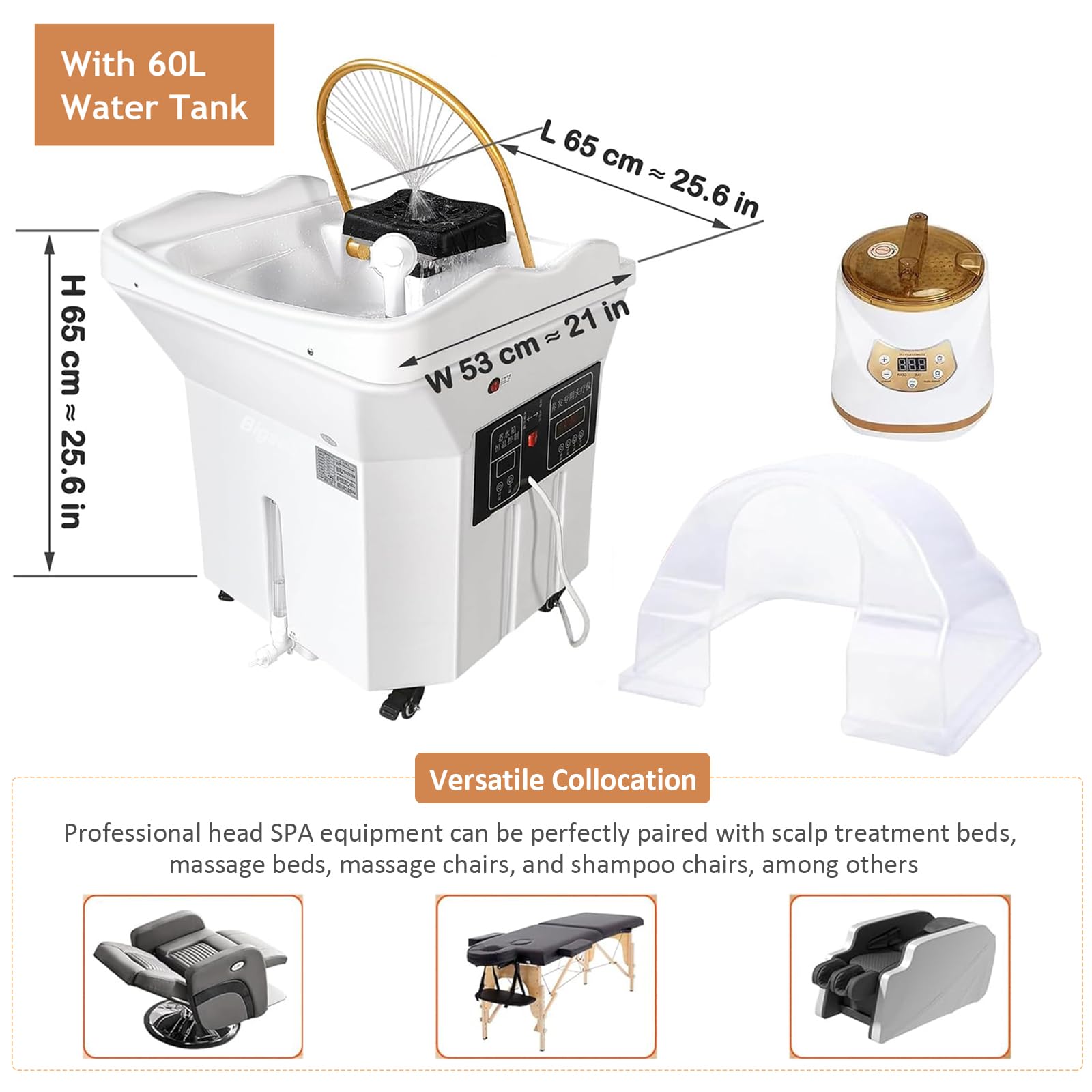 Head-Spa-Ausrüstung Mobiles Shampoo-Becken mit 60-l-Wassertank 4 Universalräder, Kopf -Spa -Geräte Wasserzirkulation Shampoo -Becken, Tragbares Waschbecken für Spa und den Einsatz im Salon White-Set2