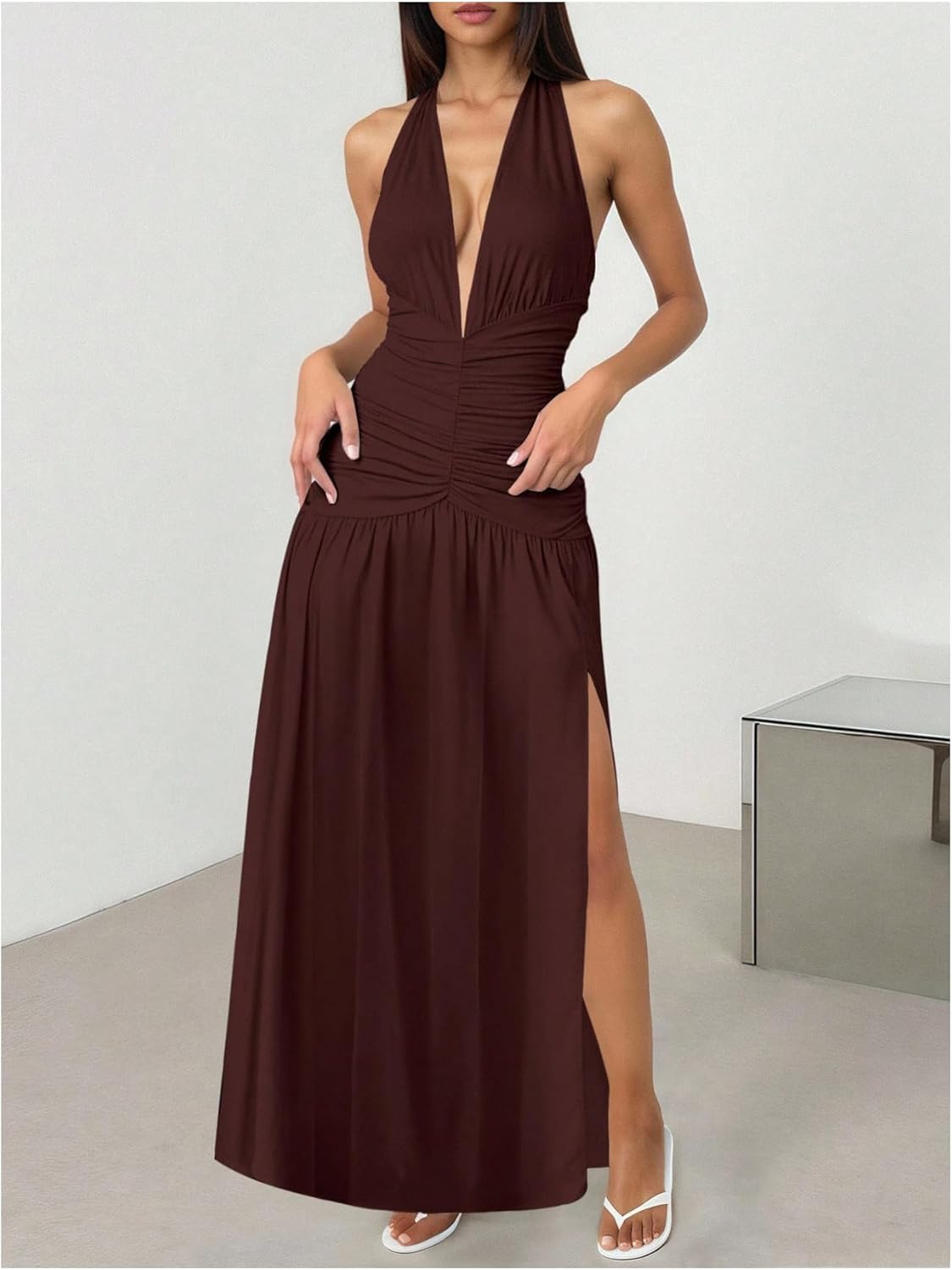 SHENHE Women's Deep V Neck High Slit Halter Dress Open Back Ruched Party Evening Maxi Dresses - Image 5