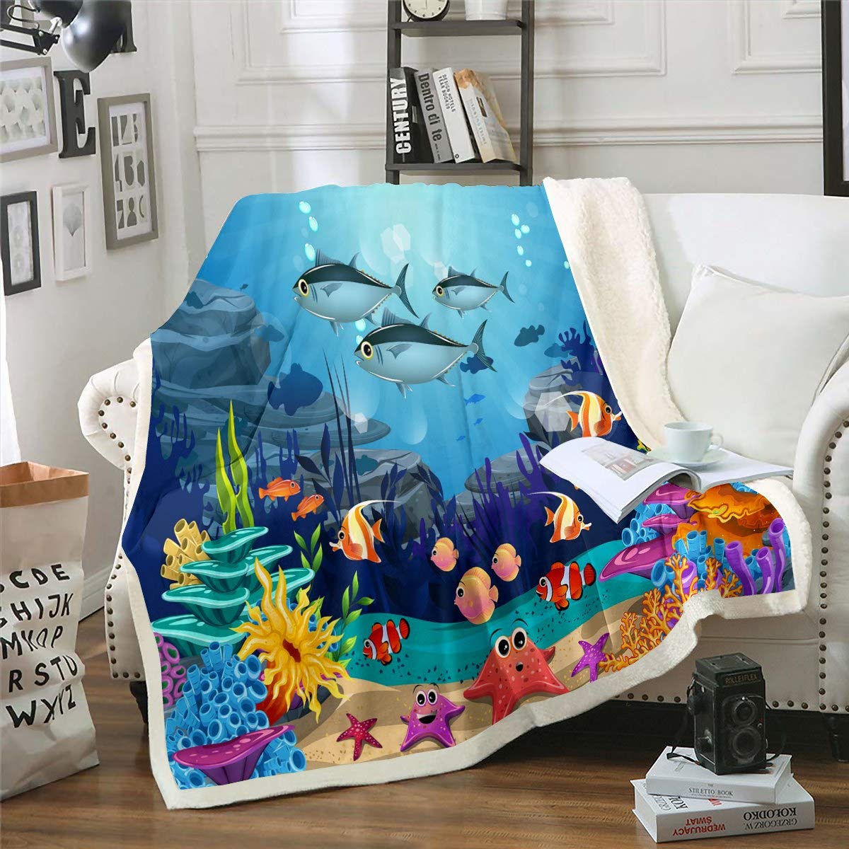 Loussiesd Colour31 Kids Fleece Sherpa Blanket For Chair Sofa Couch Starfish Print Throw Blanket Ocean Marine Theme Plush Blanket Room Decor Sea Underwater World Creature Sealife Baby 30"X40" Warm Flannel