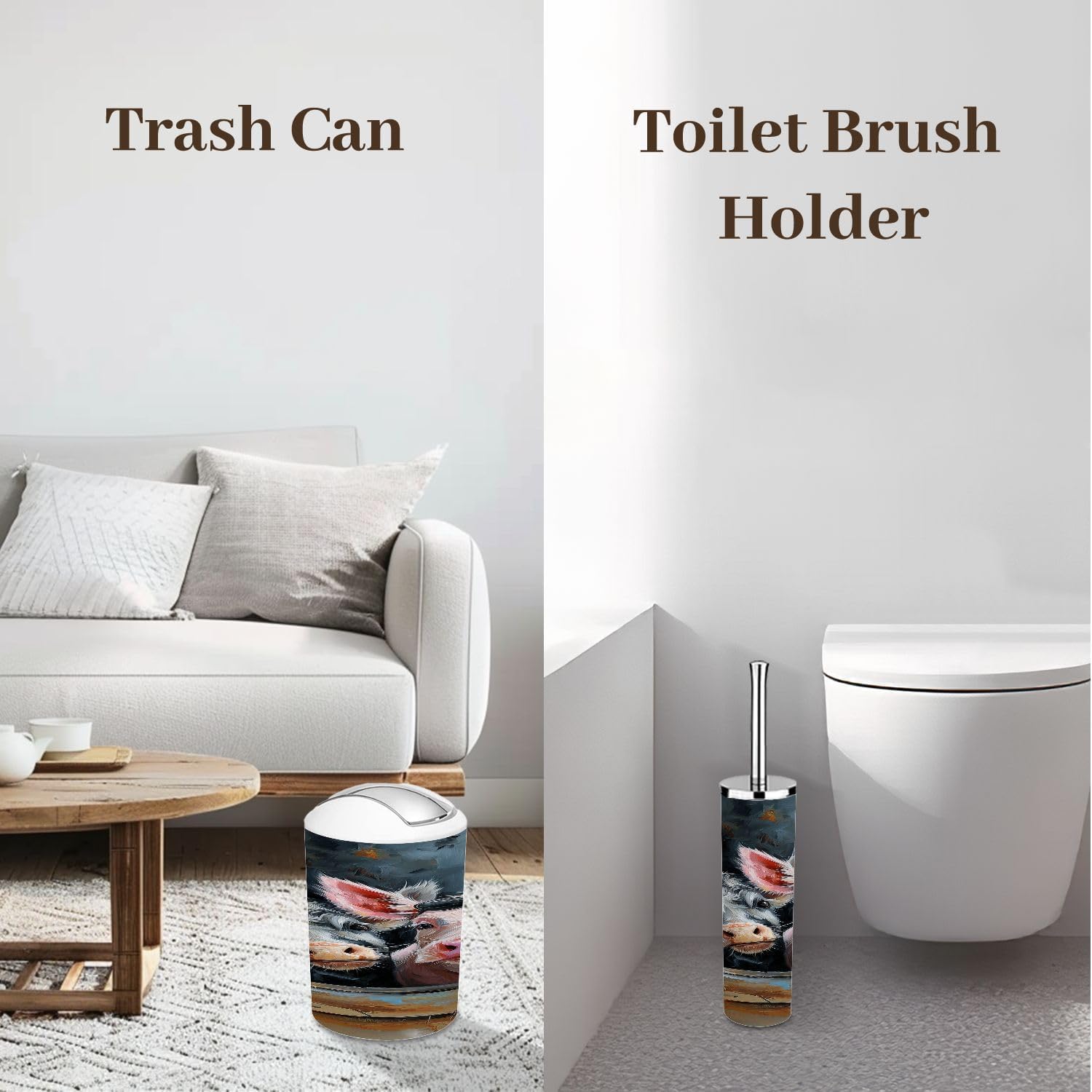 Bathroom Accessory Set 6 Piece Farm Animal Window Cow Rustic Funny Pig Farmhouse Piggy Cow Pig Trash can, Toothbrush Holder, Toothbrush Cup, Soap Dispenser, Soap Dish, Toilet Brush Holder