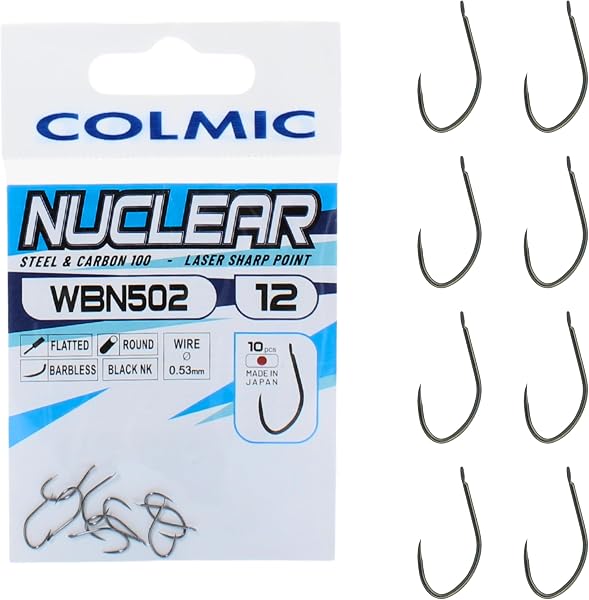 Colmic 10 anzuelos de pesca WBN502 Carp Line de acero al carbono negro níquel – Flatted, redondo, Barbless – Precisos y resistentes para pesca de carpas técnica – Producto oficial Colmic