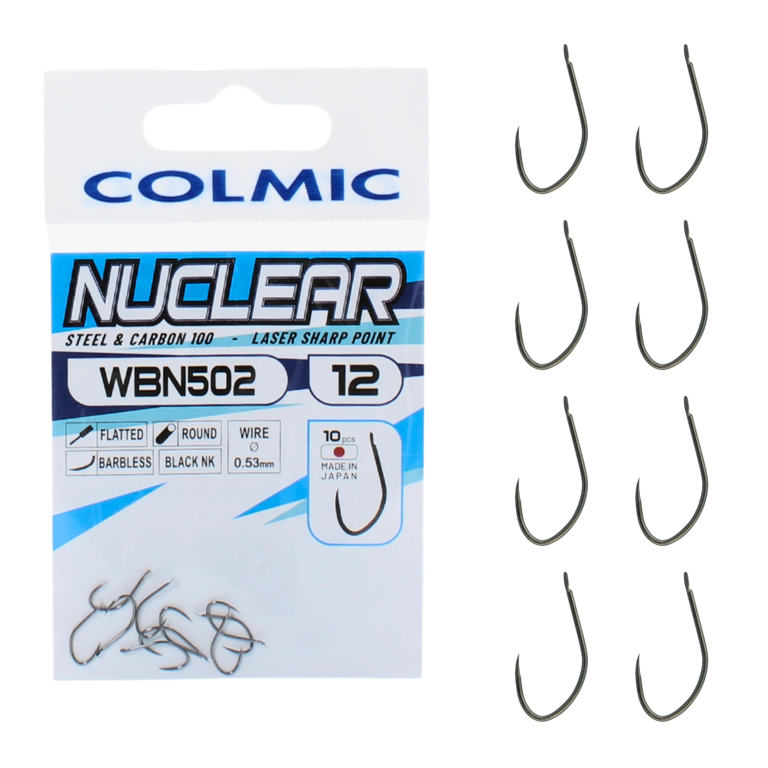 Colmic 10 anzuelos de pesca WBN502 Carp Line de acero al carbono negro níquel – Flatted, redondo, Barbless – Precisos y resistentes para pesca de carpas técnica – Producto oficial Colmic
