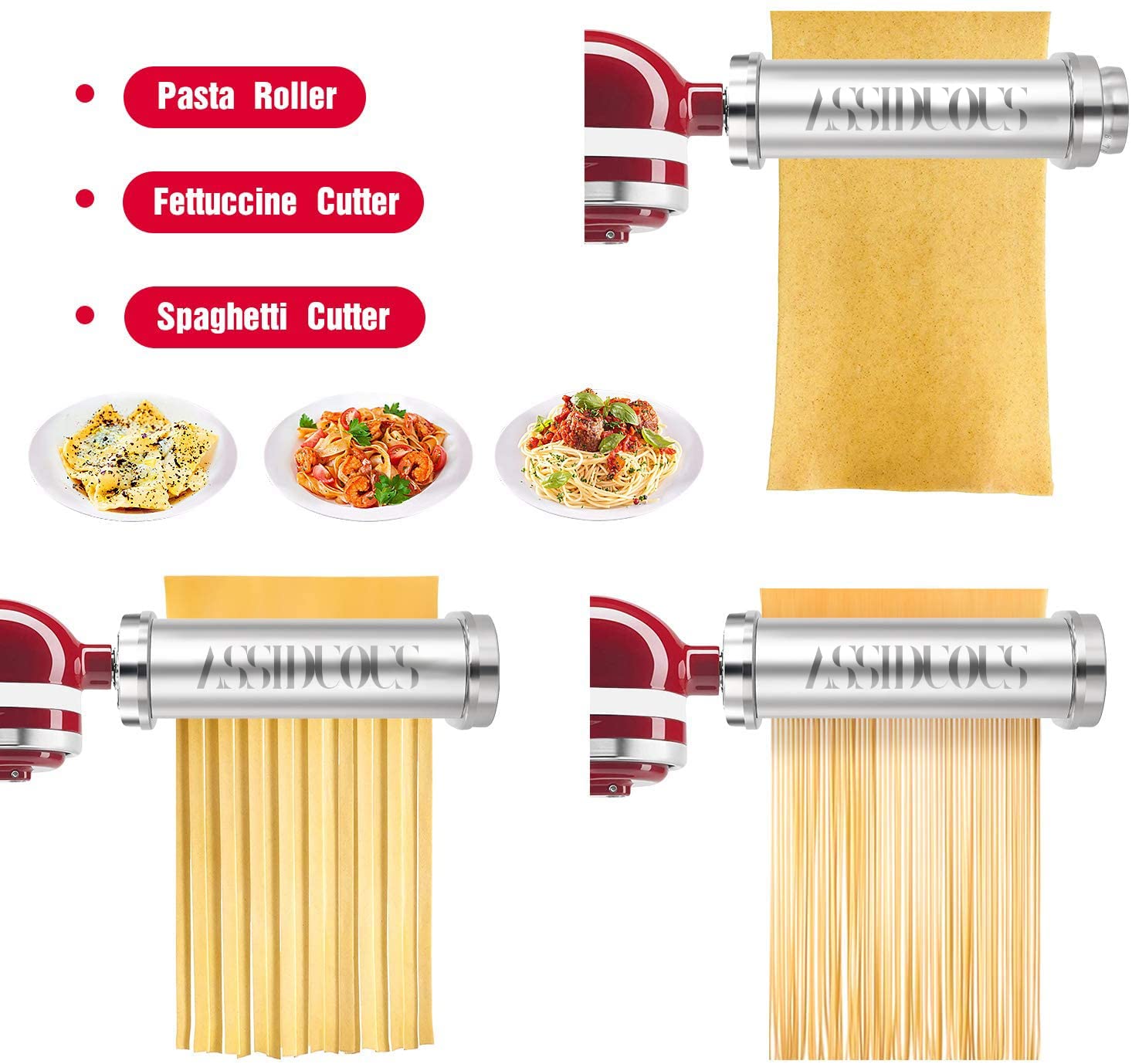 Edelstahl Nudelaufsatz mit Reinigungsbürste für Kitchenaid Küchenmaschine, Nudelroller und Schneider für Kitchen Aid,Nudelmaschine 3 Stück Pasta Set,Pasta maker Wasserwaschbar mit Bürste