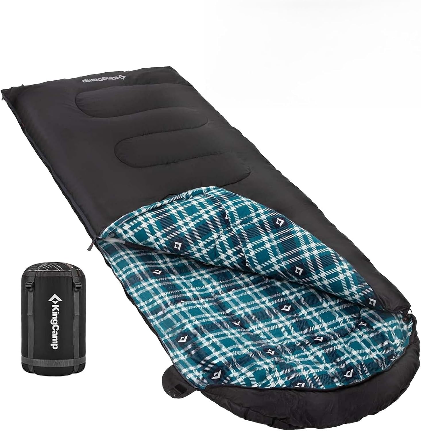 KingCamp Sleeping Bag for Adults, Cold Weather & Warm XL Big and Tall Flannel Sleeping Bags with Compression Sack Portable Waterproof Essentials Gear Accessories for Outdoor Camping 90" x 35" | 8°~45°F BLACK Left Zip