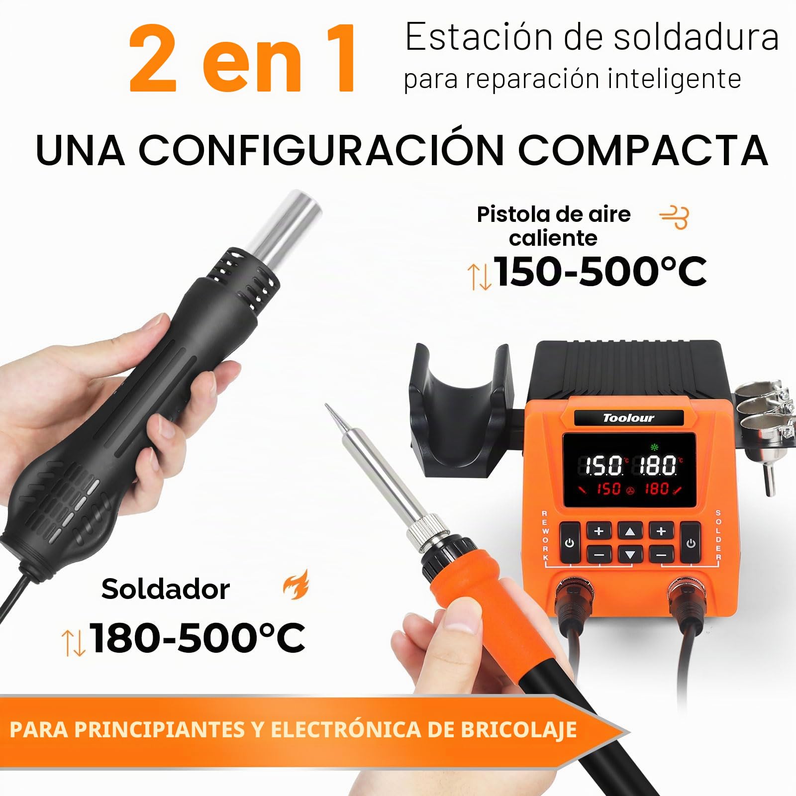 TOOLOUR Estación de soldadura 2 en 1 700W con pistola de aire caliente y soldador, pantalla LCD, control PID, temperatura ajustable 100–500°C, apagado automático, ideal para principiantes