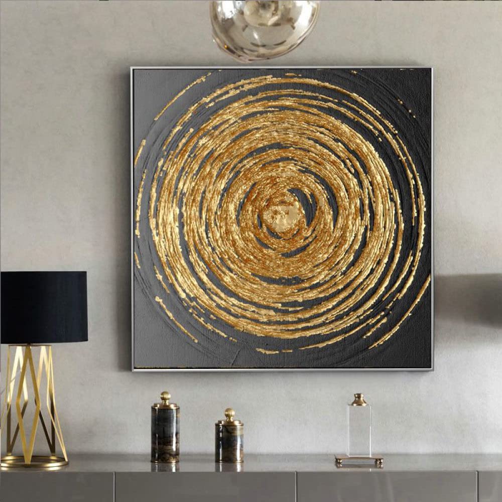 Pinturas Oleo,Negro Abstracto Espiral Círculo Lámina De Oro Pinturas De Arte Moderno De Lujo Pinturas Al Óleo Pintadas A Mano sobre Lienzo Arte De Pared para Sala De Estar Dormitorio Oficina Deco