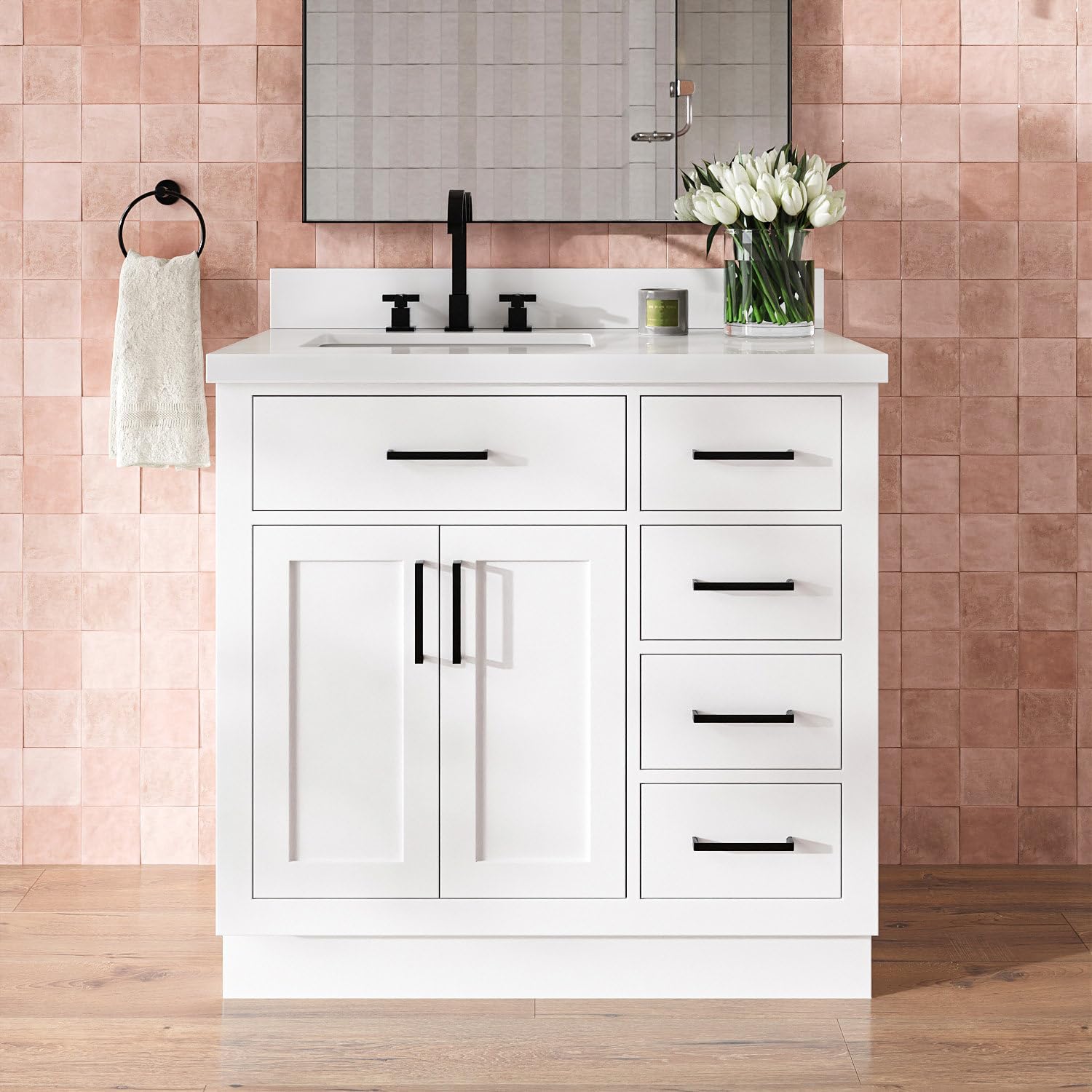 DKB Isabella 36-Inch White Single Bathroom Vanity with Sink, 1.5-Inch Edge Quartz Countertop, Left Offset Rectangular Sink, 2 Soft Closing Doors, 5 Dovetail Drawers, Solid Wood, Toe Kick