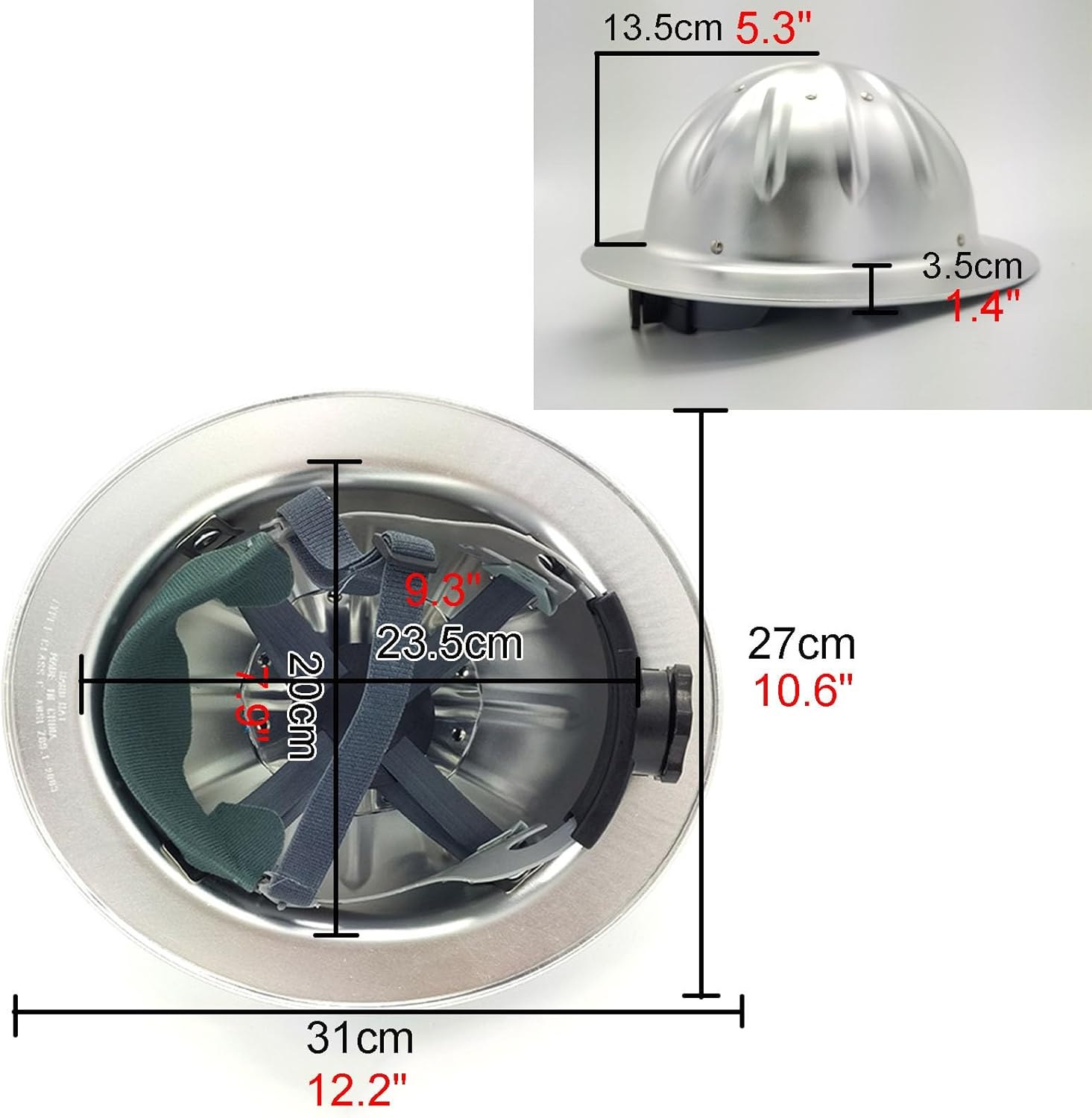 Red Aluminium Helmets Full-Brimmed High-Strength Hard Hats Hard Helmet with Removable Liner Hat with Adjustable Knob Brim 3.5 Centimetre