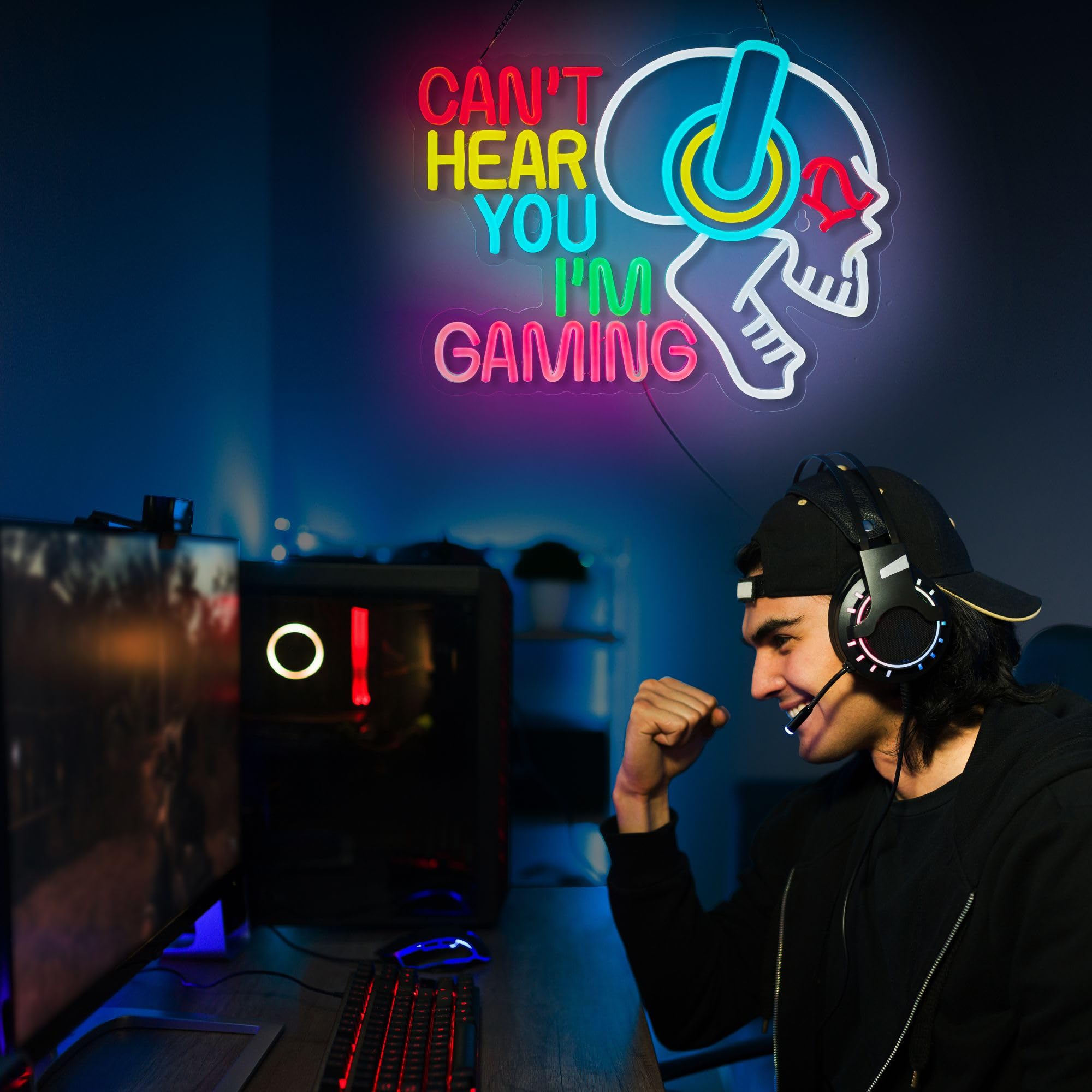 Gaming-Neonschild "Can't Hear You I'm Gaming", Totenkopf-Gamer, LED-Licht, hell, USB-betrieben, beleuchtet, Spielschilder mit Dimmer, für Spielzone, Videoraum, Jungen, Schlafzimmer, Wanddekoration