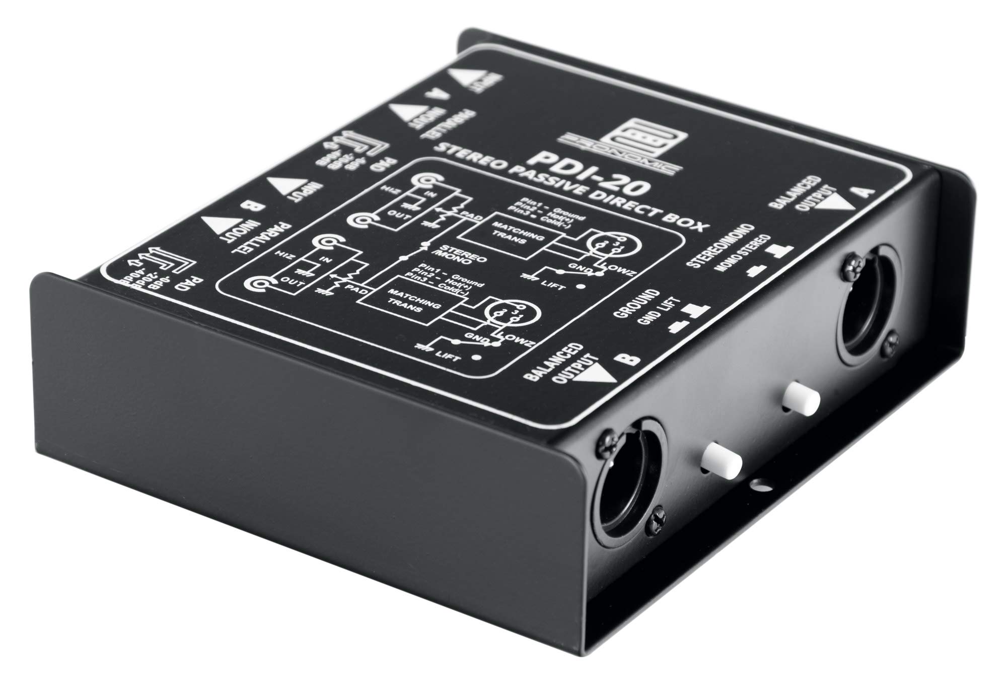 Pronomic PDI-20 passive Stereo-DI-Box - Gamma di frequenza: 15 Hz - 30 kHz - Interruttore Stereo/Mono - Interruttore Pad - Ground-Lift - nero