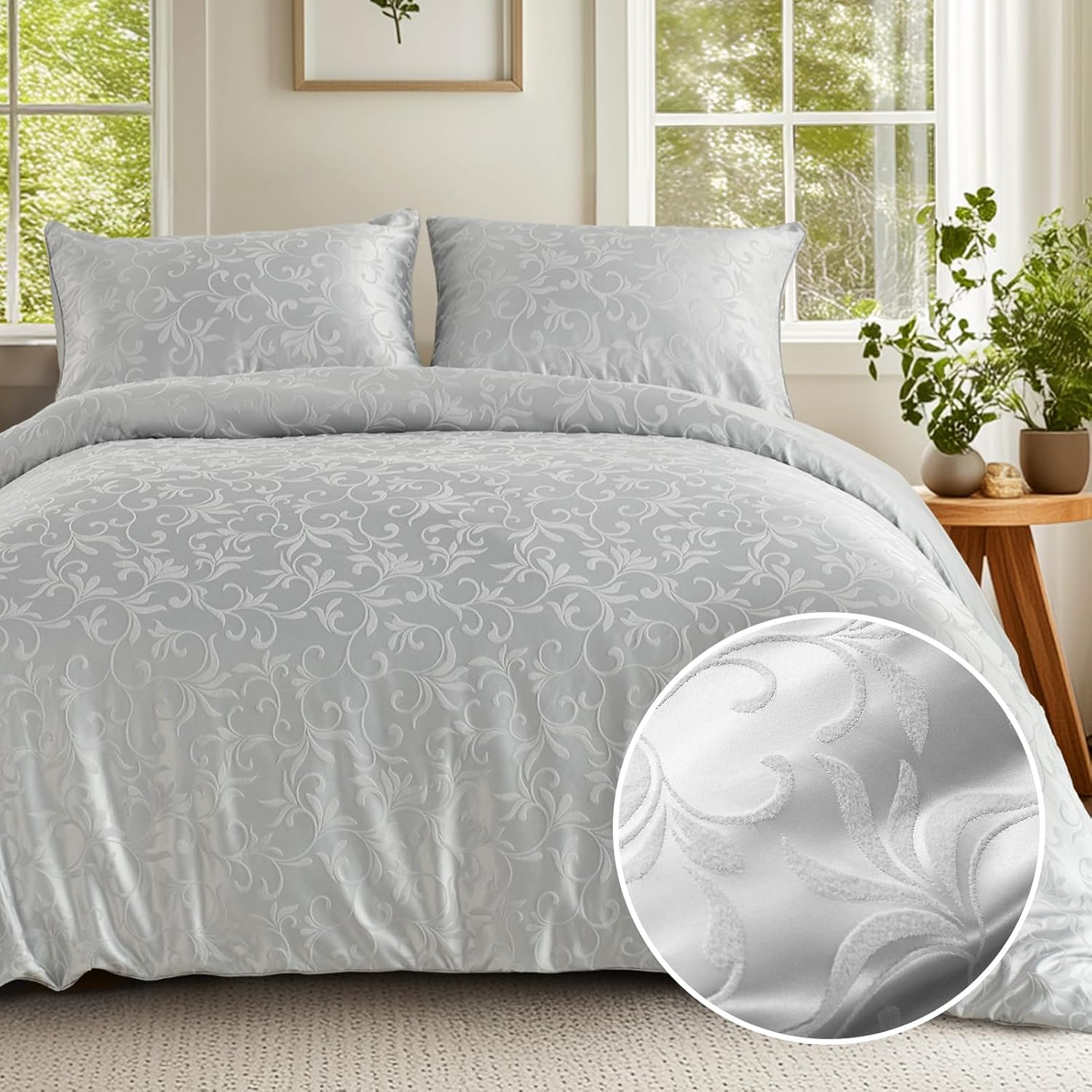 Luxury Duvet Cover King Size, Ultra Soft Tufted Microfiber King Duvet Cover, 3 Pieces Floral Jacquard Duvet Cover Set, Skin-Friendly Bedding Duvet Cover with 2 Pillow Shams (King, Grey) Grey - Jacquard King (104" x 90")