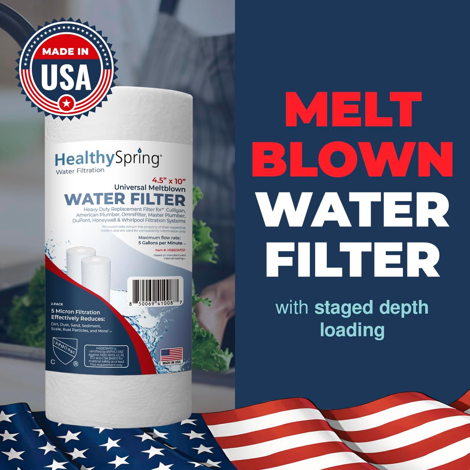 American Made, Sediment Water Filter, 10" x 4.5", Replacement for Pentair Pentek DGD-5005, GE® GXWH40L, GXWH35F, Culligan® RFC-BBSA, 3M® Aqua-Pure® AP810, 5 Micron, Pack of 2