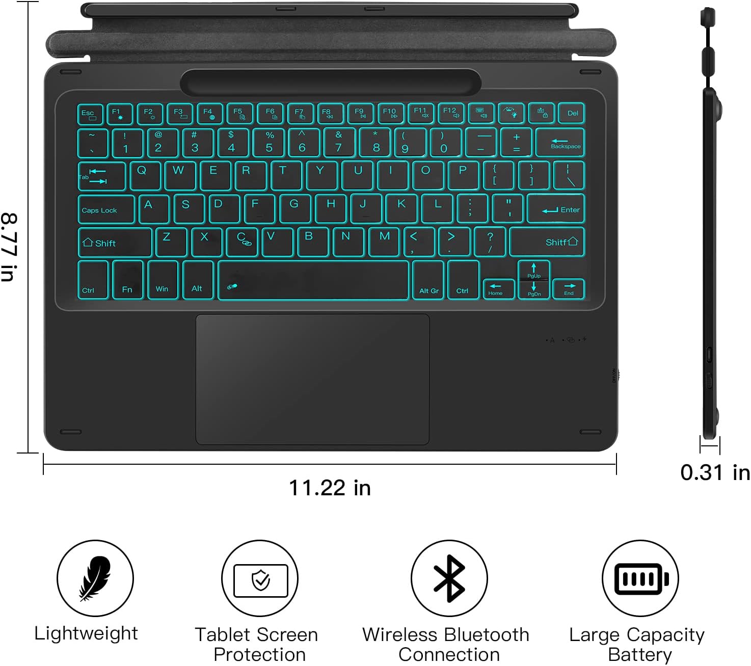 XIWMIX Type Cover for Microsoft Surface Pro 11/Pro 10/Pro 9/Pro 8/Pro X 13 Inch, Portable Bluetooth 5.1 Wireless 7-Color Backlit Surface Pro 11/10/9/8/X Keyboard with Touchpad & Pencil Holder - Black