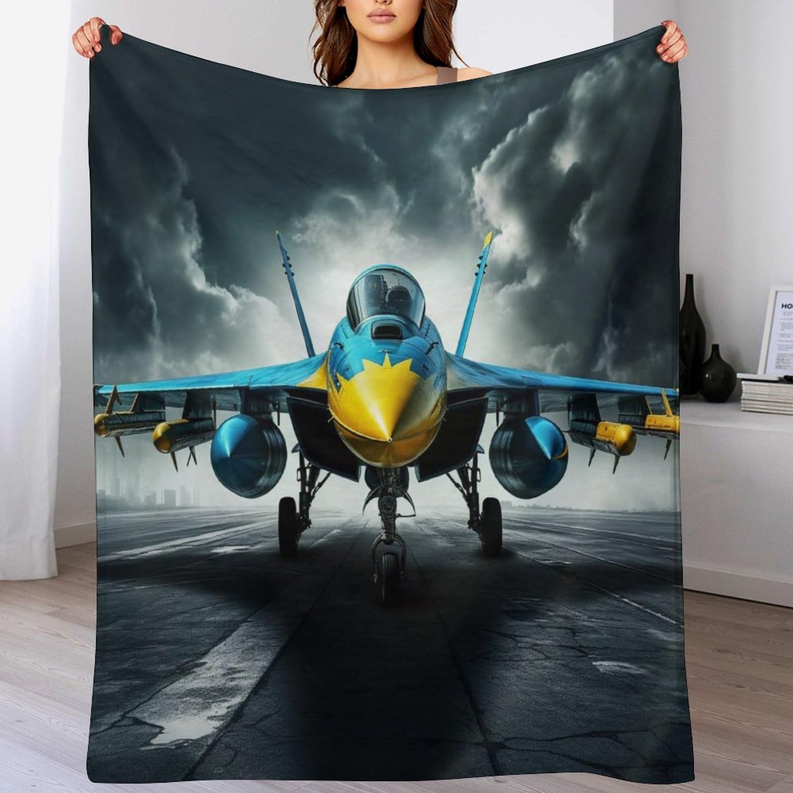 Couverture Polaire Avion de Chasse Plaid Flanelle Chaud Lit Canapé 180x200cm