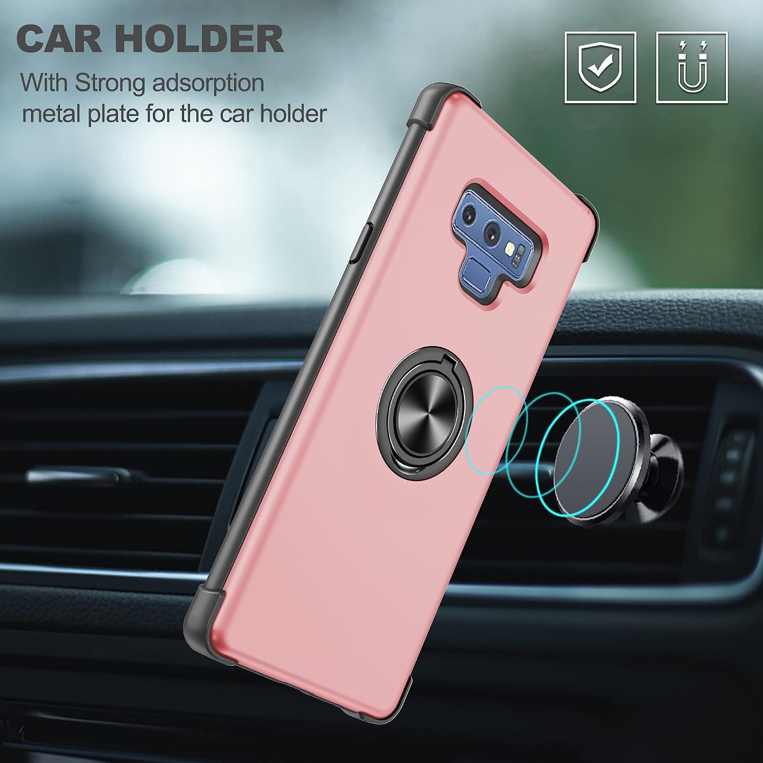 Samsung Galaxy Note 9 Case, Atump [Military-Grade] Dual Layer Shockproof Protective Phone Case with Invisible Magnetic Ring Kickstand and HD Screen Protector for Galaxy Note 9, Rose Gold