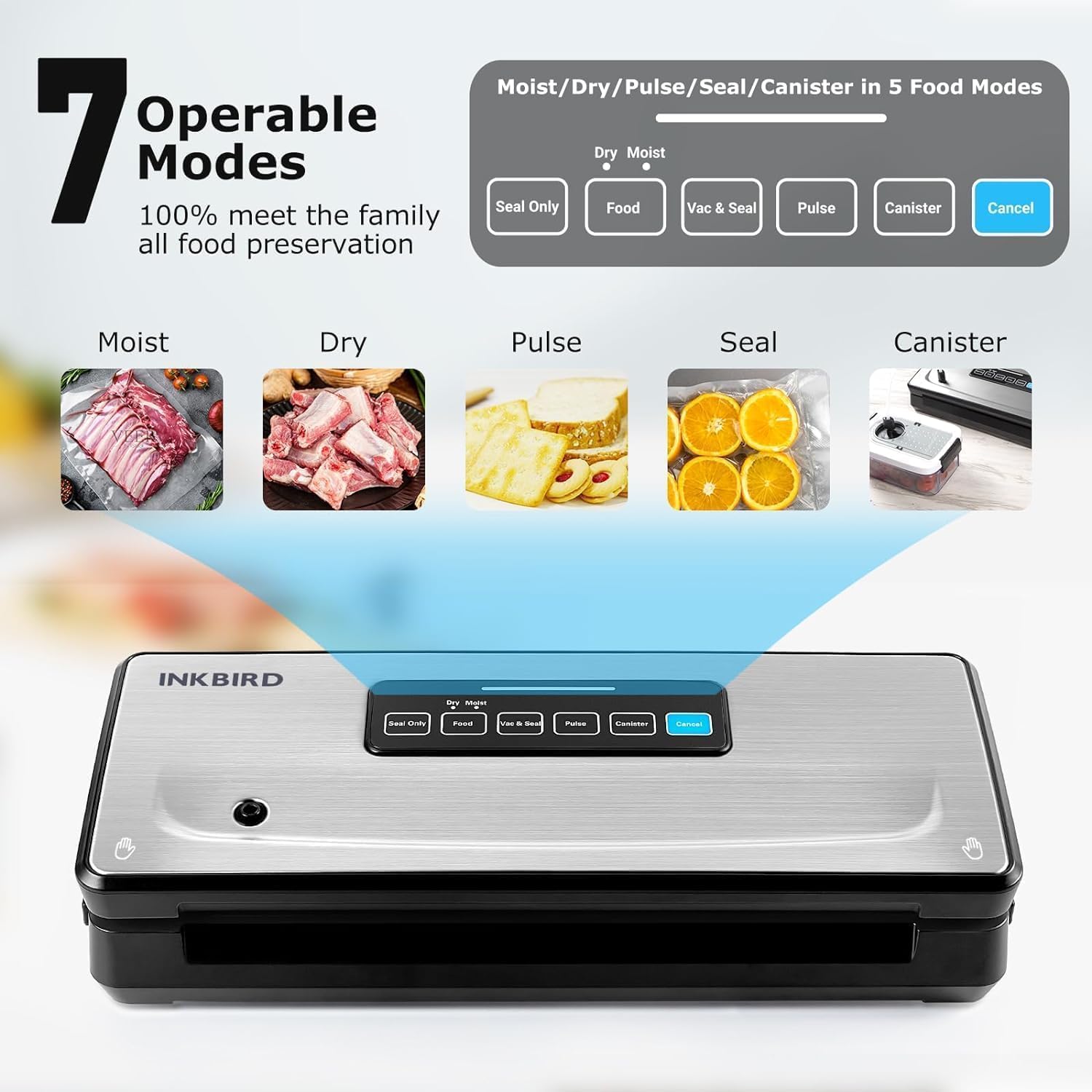 Diagram showing 7 operable modes for the vacuum sealer
