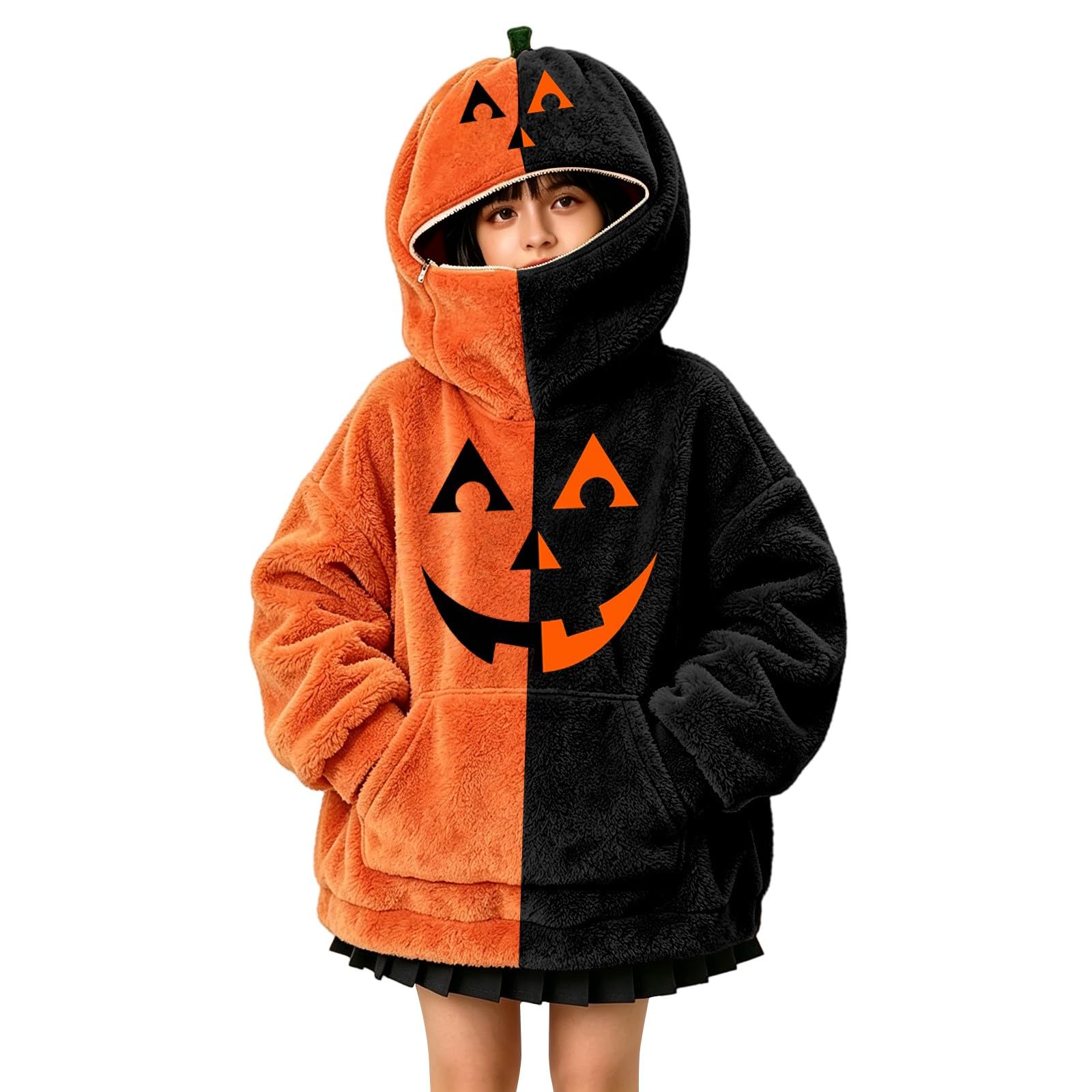 Felpa con cappuccio da ragazza a colori sfocata | Felpe con cappuccio morbide e calde a due tonalità con faccia di zucca per feste di Halloween autunno inverno scuola vacanze