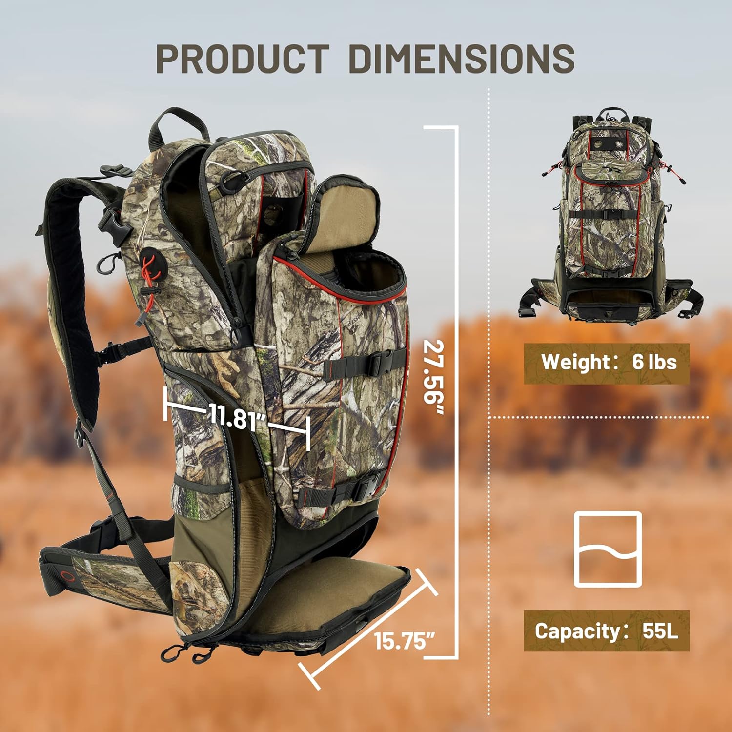 TR Hunting Backpack, Waterproof Hunting Pack with Rifle Holder,Internal Frame,Rain Cover, Camo Daypack for Rifle Bow Gun