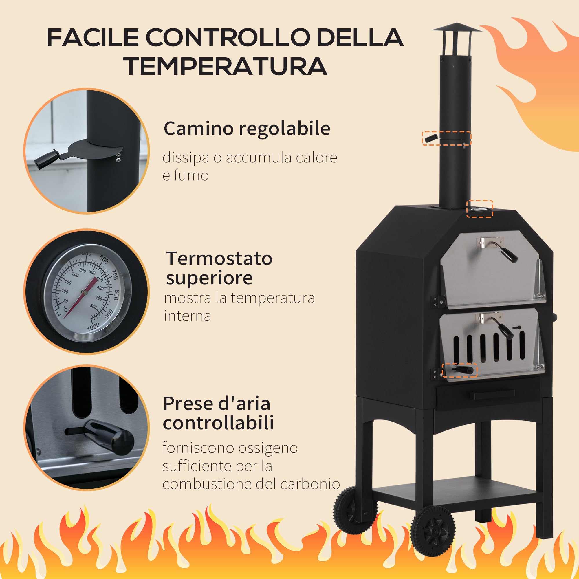 Outsunny Forno per Pizza Barbecue a Carbonella, BBQ da Esterni/Giardino in Acciaio Inox con Termometro, 64x54x160cm