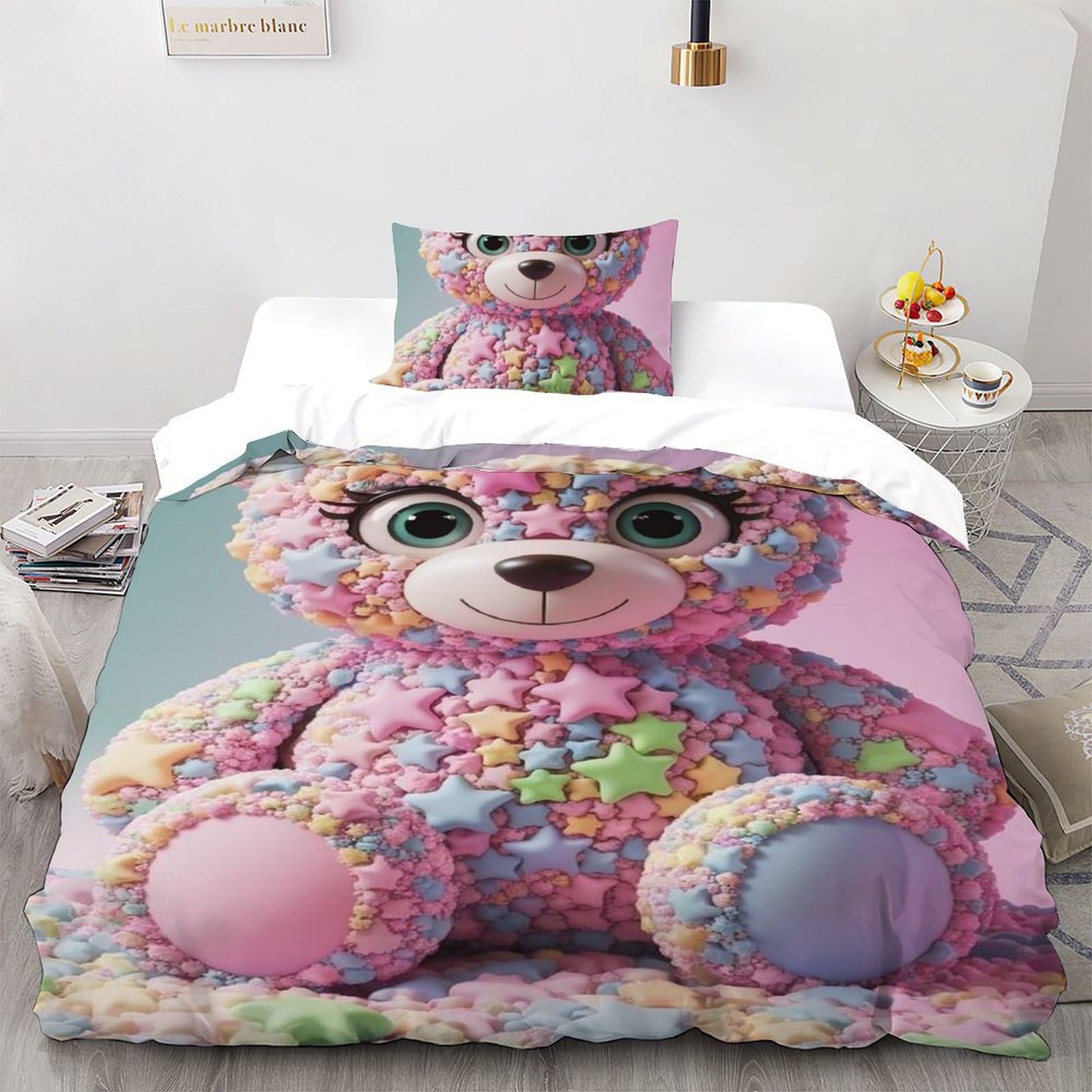 Housse de couette ours dessin animé sans repassage en microfibre zippée pour lit enfant