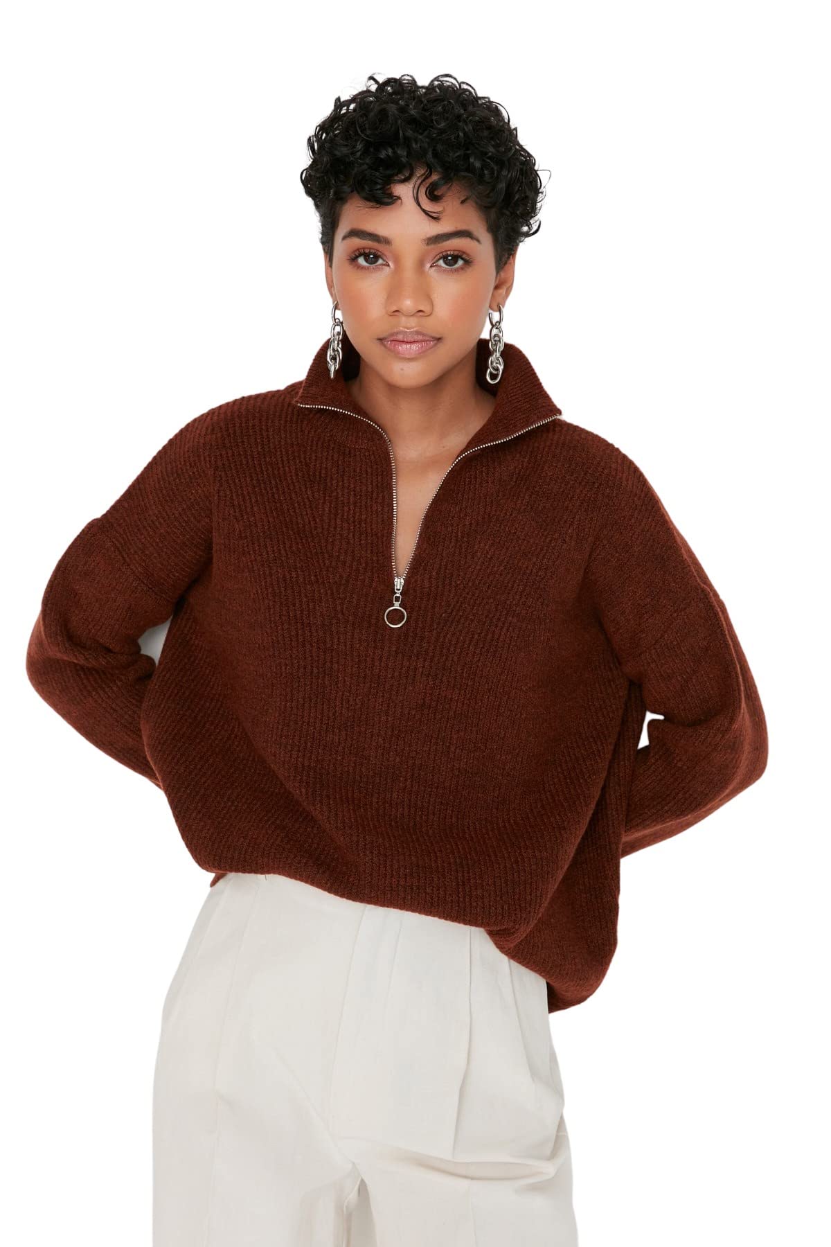 Trendyol Brown Soft Textured Zippered Knitwear Sweater