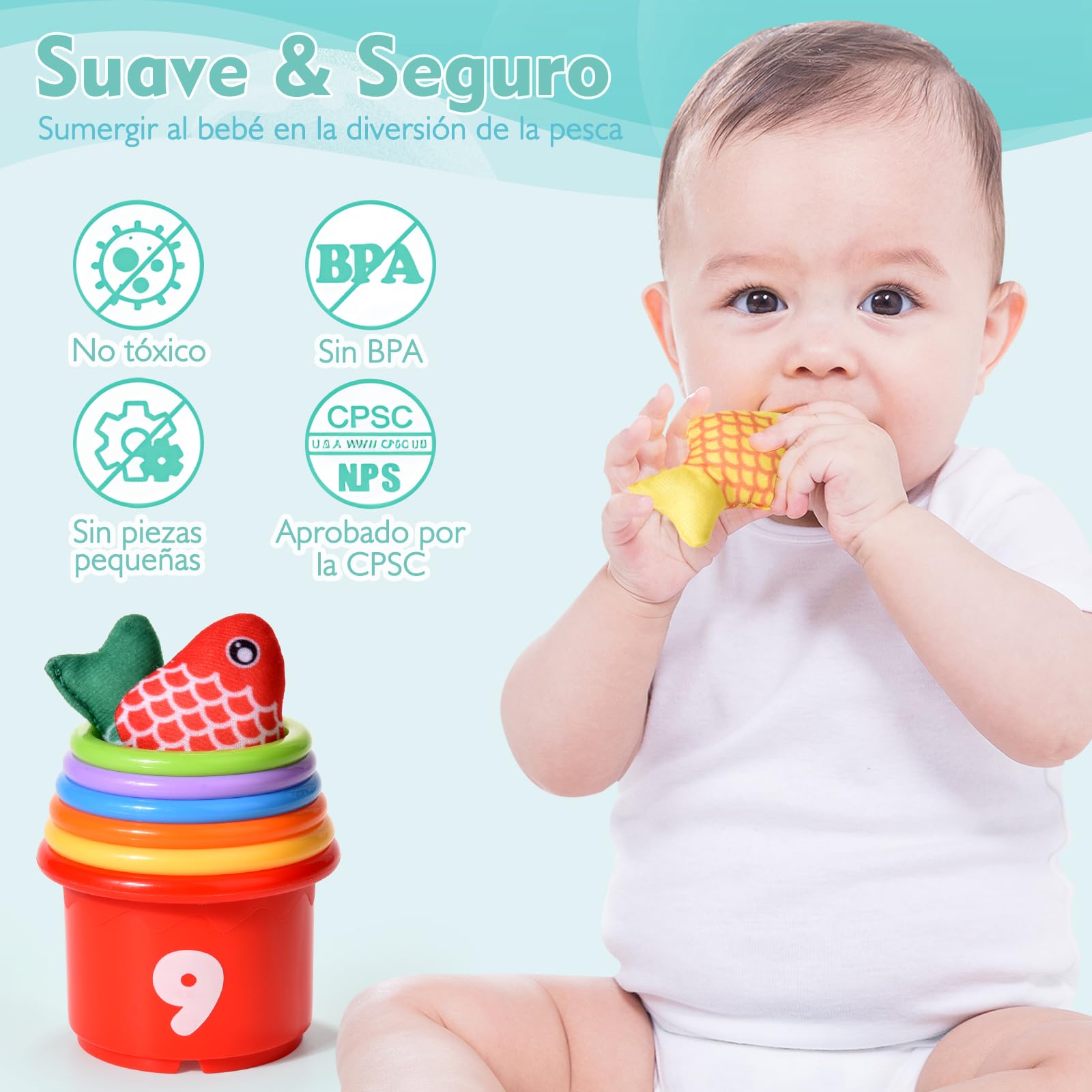 Juguetes Niños 1 Año Montessori, 20 Piezas Juego Pesca de Tela con Taza Apilables, Almacén Bolsa, Educativos Juguetes Bebes 6-12 Meses, Regalo Bebe 1 2 Año