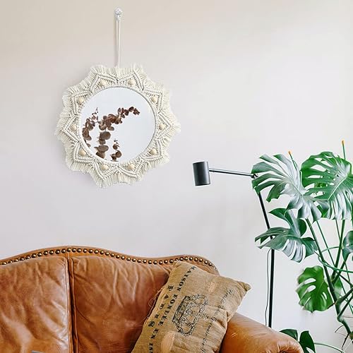 Miniatura 5 de Artilady Espejo de pared colgante de macramé  Espejo redondo de acrílico decorativo hecho a mano para apartamentos, sala de estar, dormitorio, bebé,