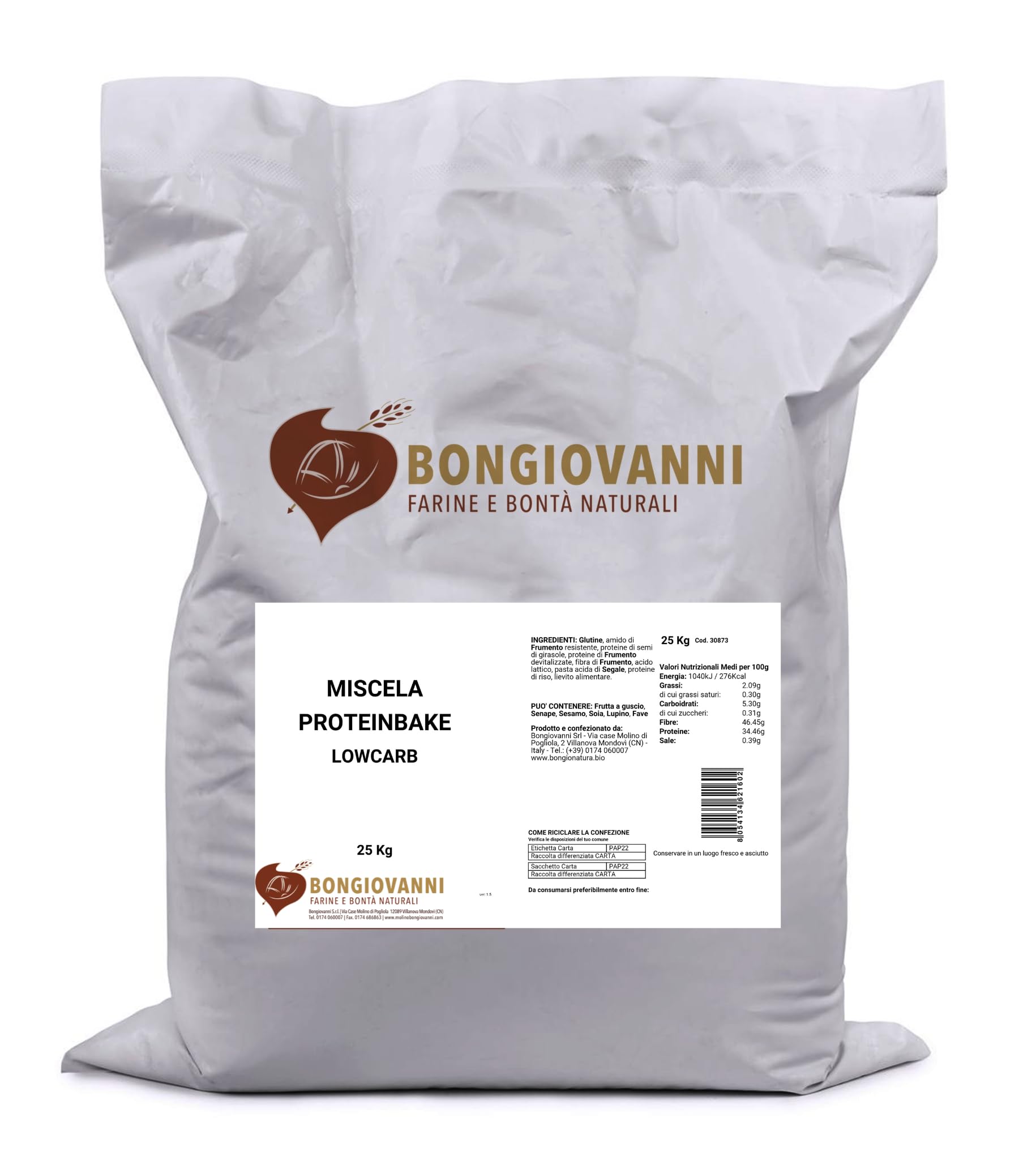 BONGIOVANNI FARINE E BONTA' NATURALI Mix Proteine BAKE – Preparato Professionale Low Carb & High Protein (34 g proteine / 46 g fibre) per Pizza, Pane, Focaccia e Dolci – Sacco 25 kg