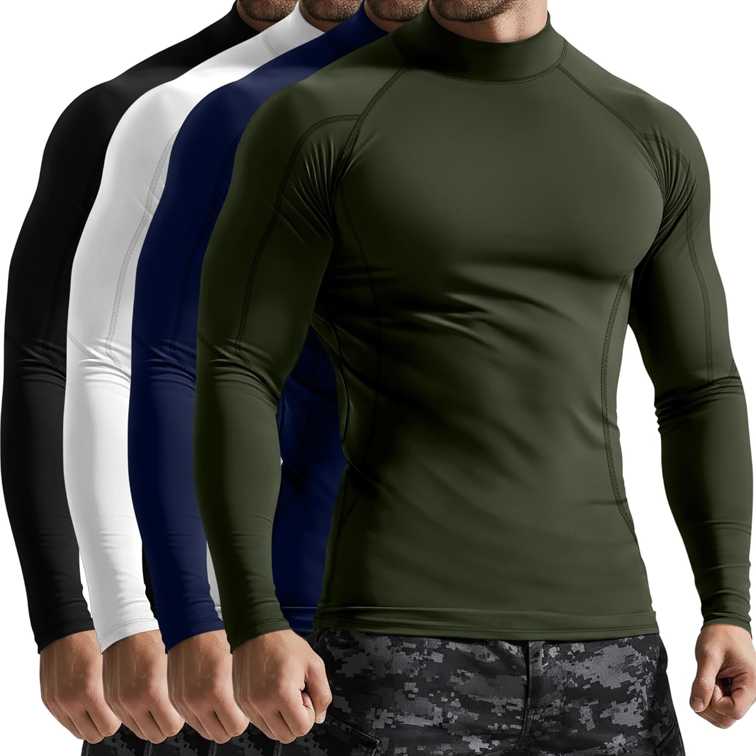 4 Pack Men's Compression Shirts Mock Neck Long Sleeve Workout Turtleneck Raglan Athletic Slim Fit Base Layer Tops