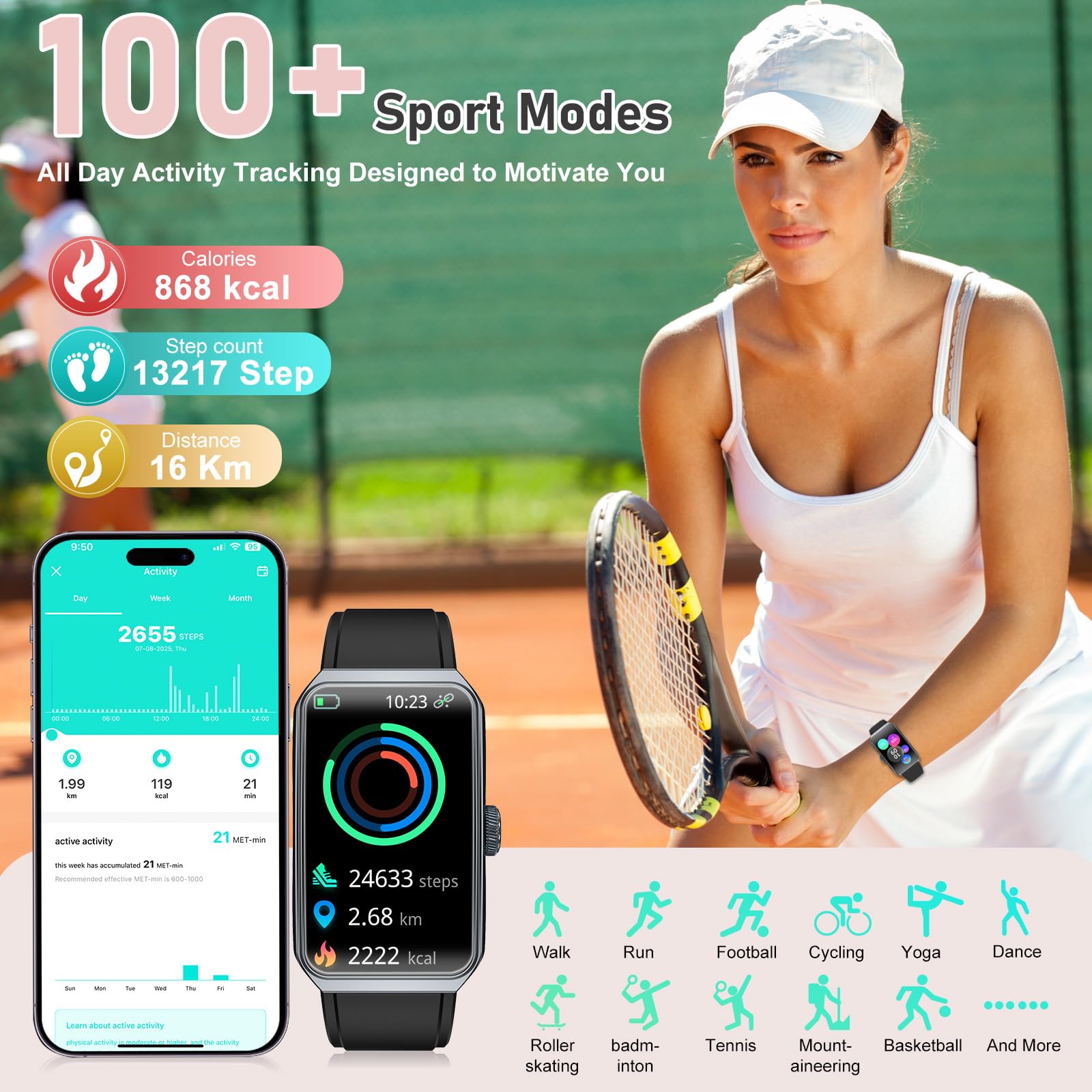 Fitness Tracker with 24/7 Heart Rate, Blood Pressure Blood Oxygen Sleep Monitor,103 Sports Modes Smart Watch IP68 Waterproof Activity Trackers, Step Counter Calories Pedometer for Women Men (Black) — view 4