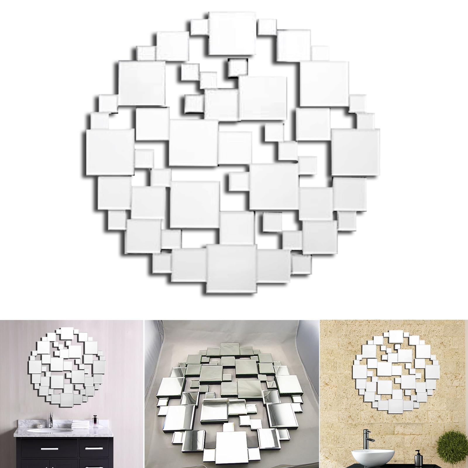 Ara Choice 60X60cm Large Modern Round Cut Outs Glass Wall Mirror Decorative Art Hanging Living Lounge Bathroom Elegant Artistic Look Venetian Beveled Hall Mirror Mount For Home