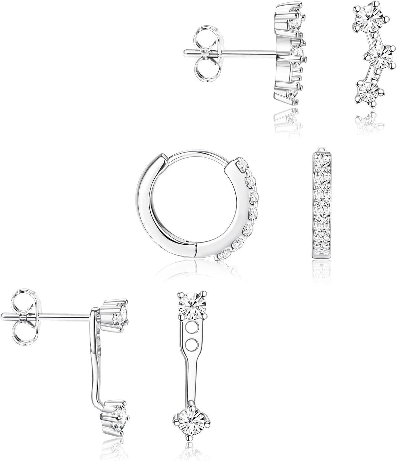 3 Pairs Silver Hypoallergenic Earrings Set for Women, Dainty Stud Huggie Hoop Earrings for Multiple Piercing, Trendy Cute Earring Stacks for Sensitive Ears