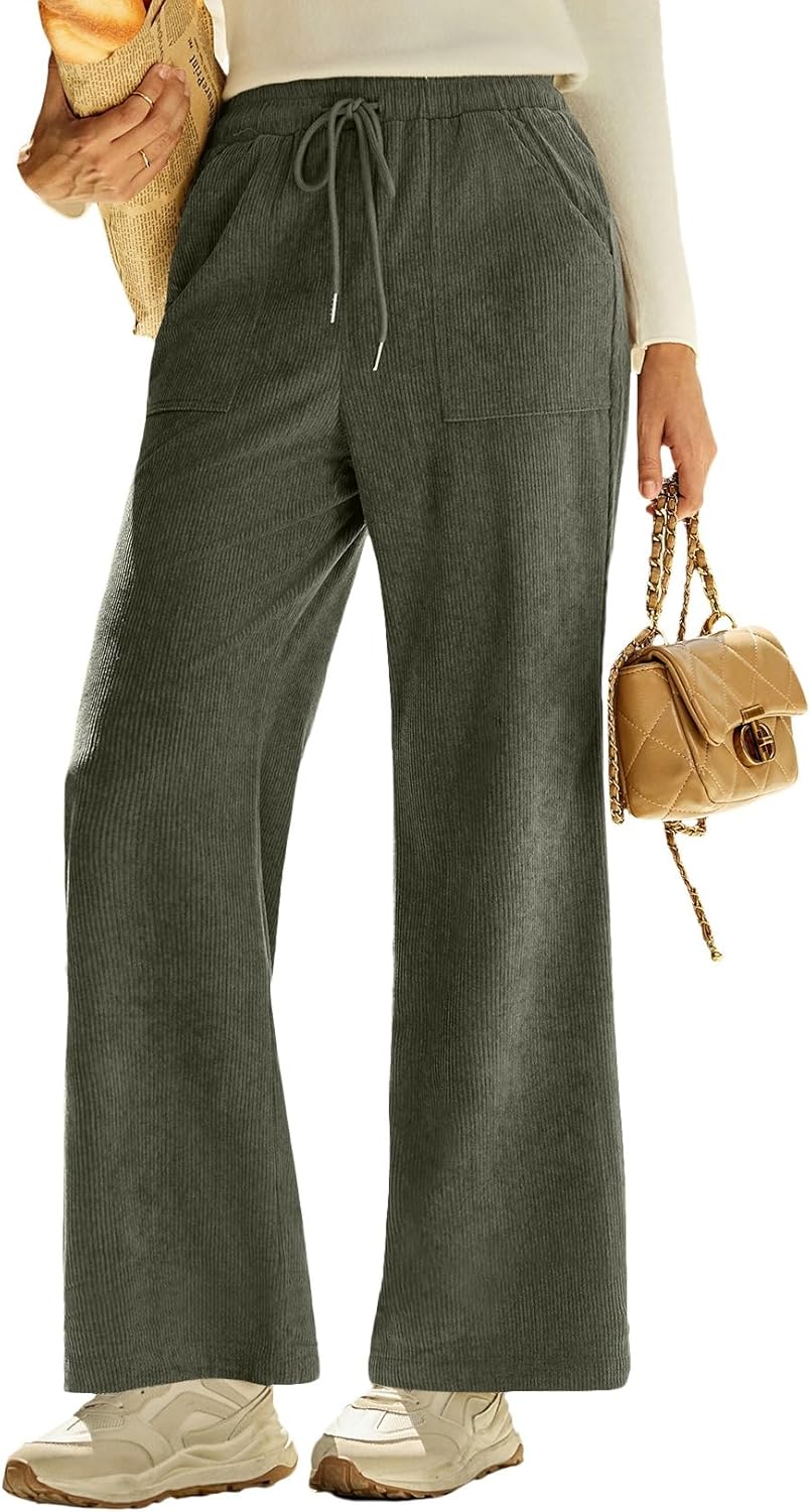 EVALESS Women Corduroy Pants Wide Leg Casual High Waisted Straight Leg Baggy Trousers