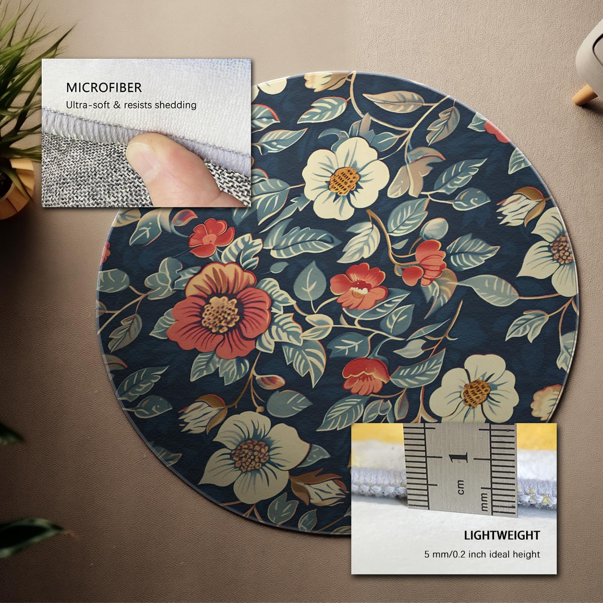 120cm Runder Teppich für Wohnzimmer Vintage-Blumenteppich für Schlafzimmer rutschfest waschbar Kreisbodenmatte elegant botanisch für Esszimmer Wohnkultur