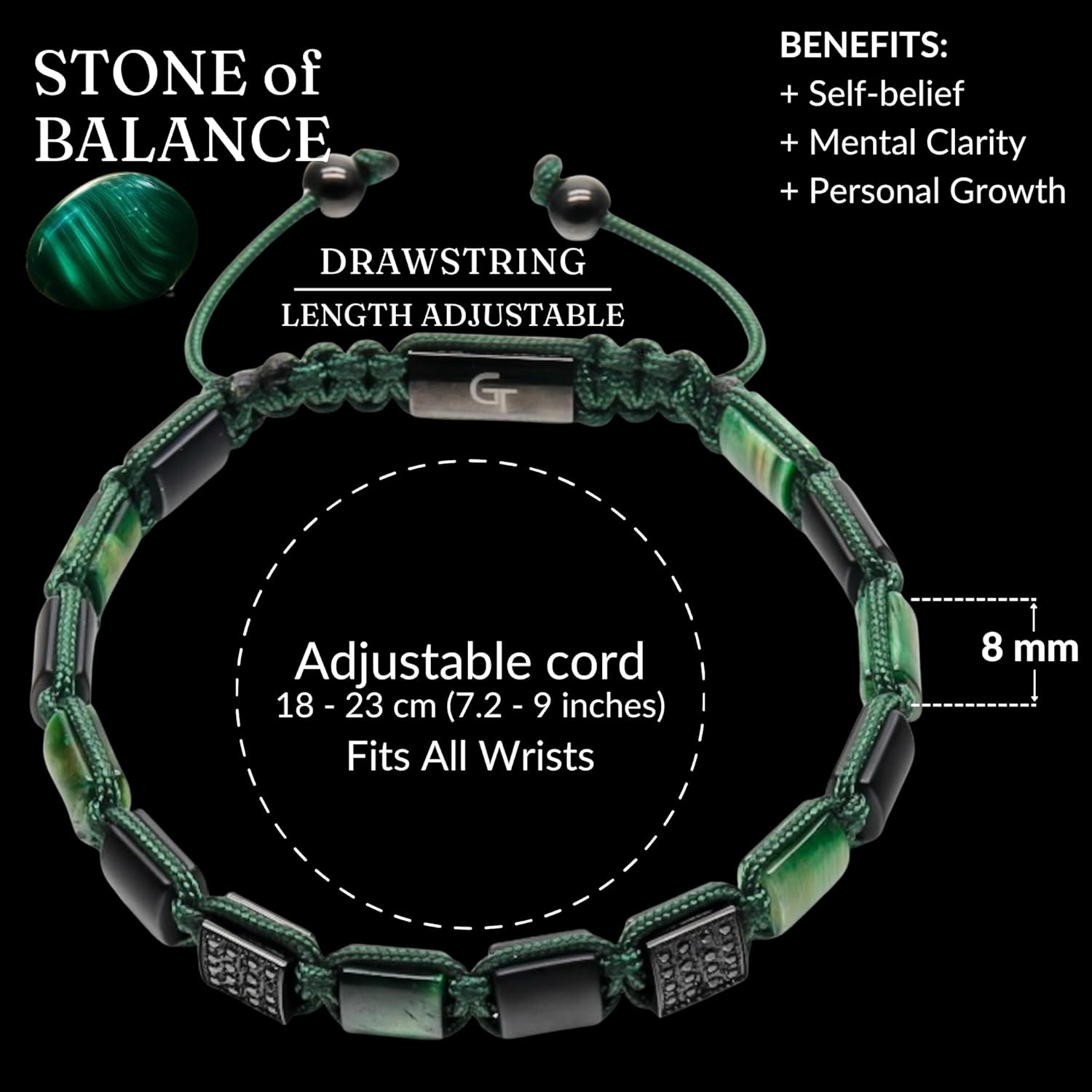 GT collection Flat Bead Bracelet, Gemstone Adjustable Bracelets for Men