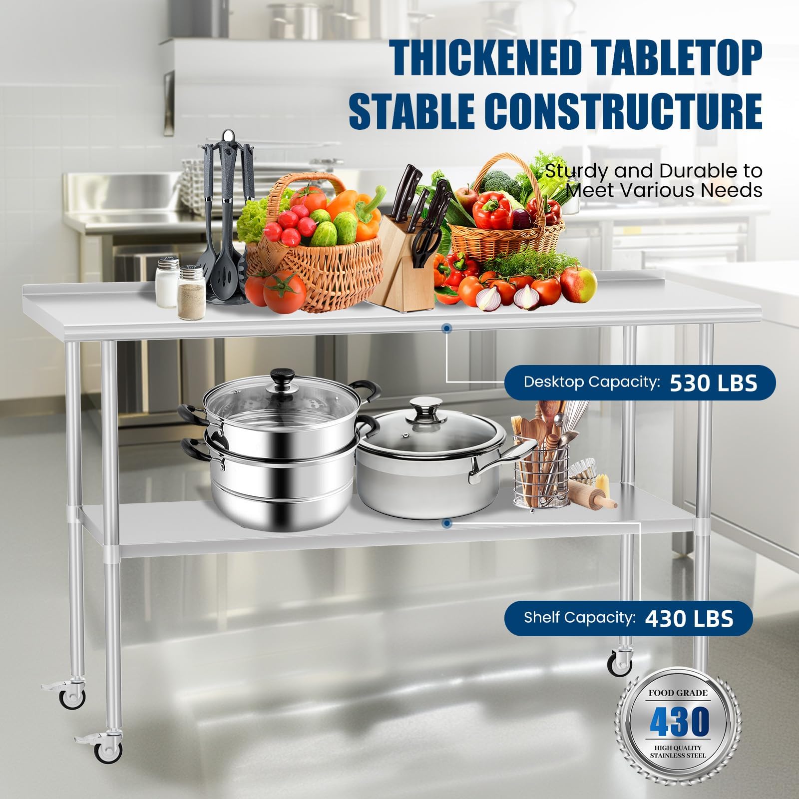 Mesa de acero inoxidable con ruedas de 30 x 60 pulgadas, mesa de metal para preparación de alimentos con protector contra salpicaduras y estante inferior ajustable, mesa de utilidad para