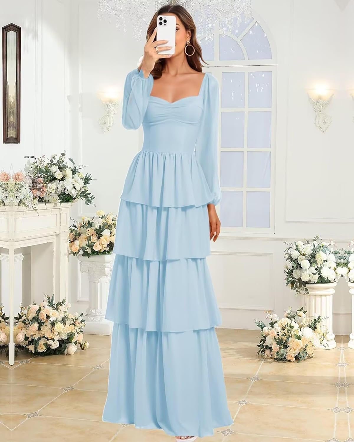 AKLASU Long Sleeves Bridesmaid Dresses for Women Chiffon Tiered Ruffle Bridesmaid Dress Long Fall Wedding Guest Dresses - Image 3
