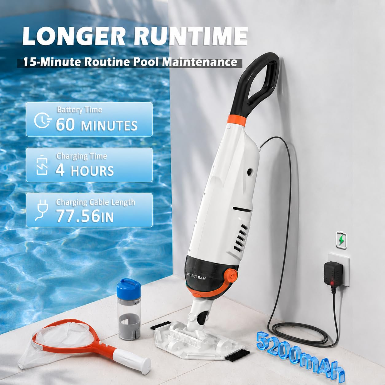 Aspiradora de mano inalámbrica para piscina, spa y jacuzzi, succión de 26.5 GPM, 251 cm, tiempo de funcionamiento de 1 hora, control direccional, limpiador de piscina recargable para piscinas sobre el