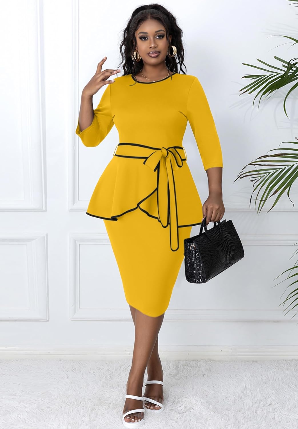FANDEE Plus Size Women's Church Dresses Vintage Bodycon Elegant 3/4 Sleeve Pencil Dress - Image 4