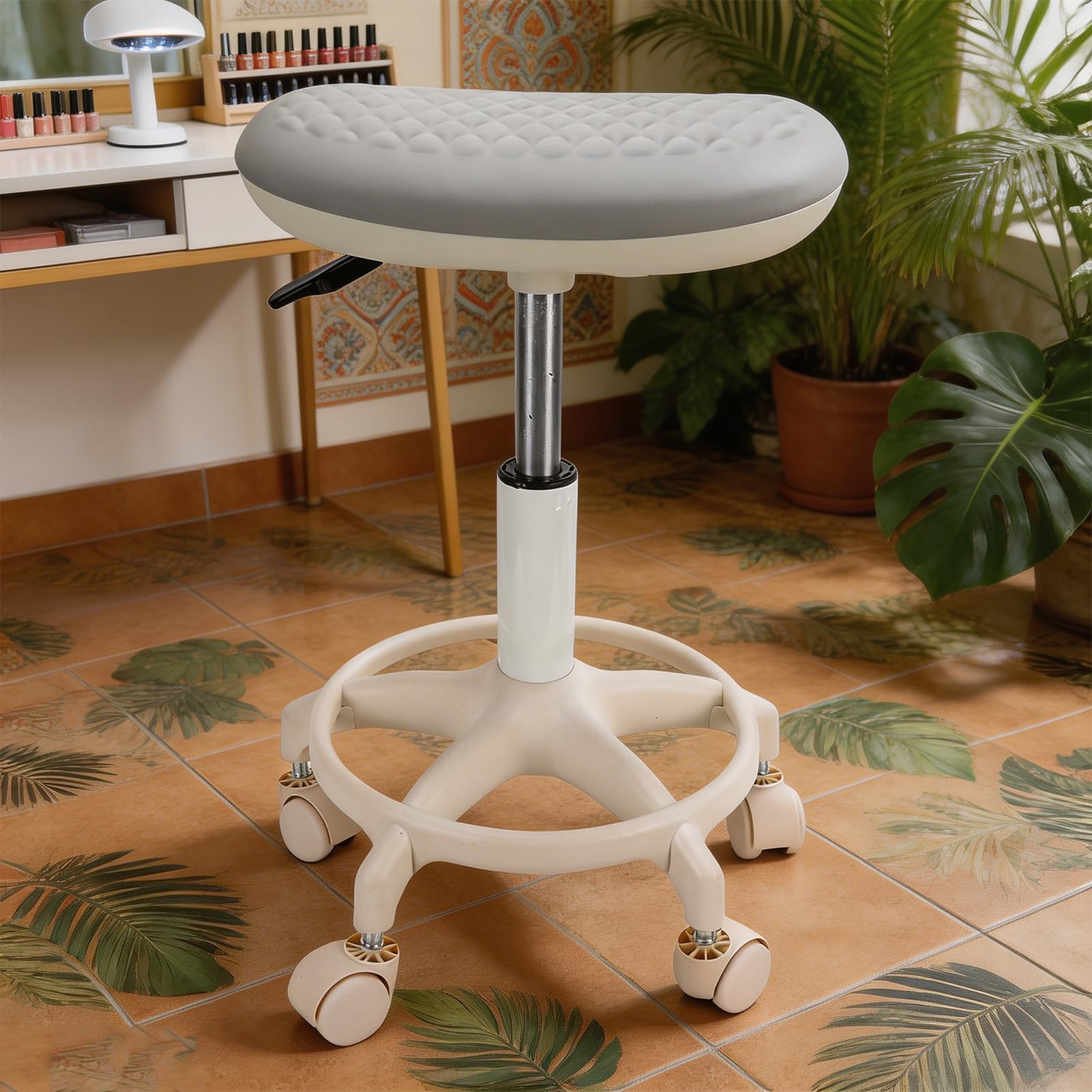 Luocute Höhenverstellbarer Rollhocker mit Fußstütze, um 360 Grad Drehbarer Salonhocker mit 5 Glatten Rollen und Wasserdichtem PU-Leder für Maniküre, Pediküre und Nagelstudio