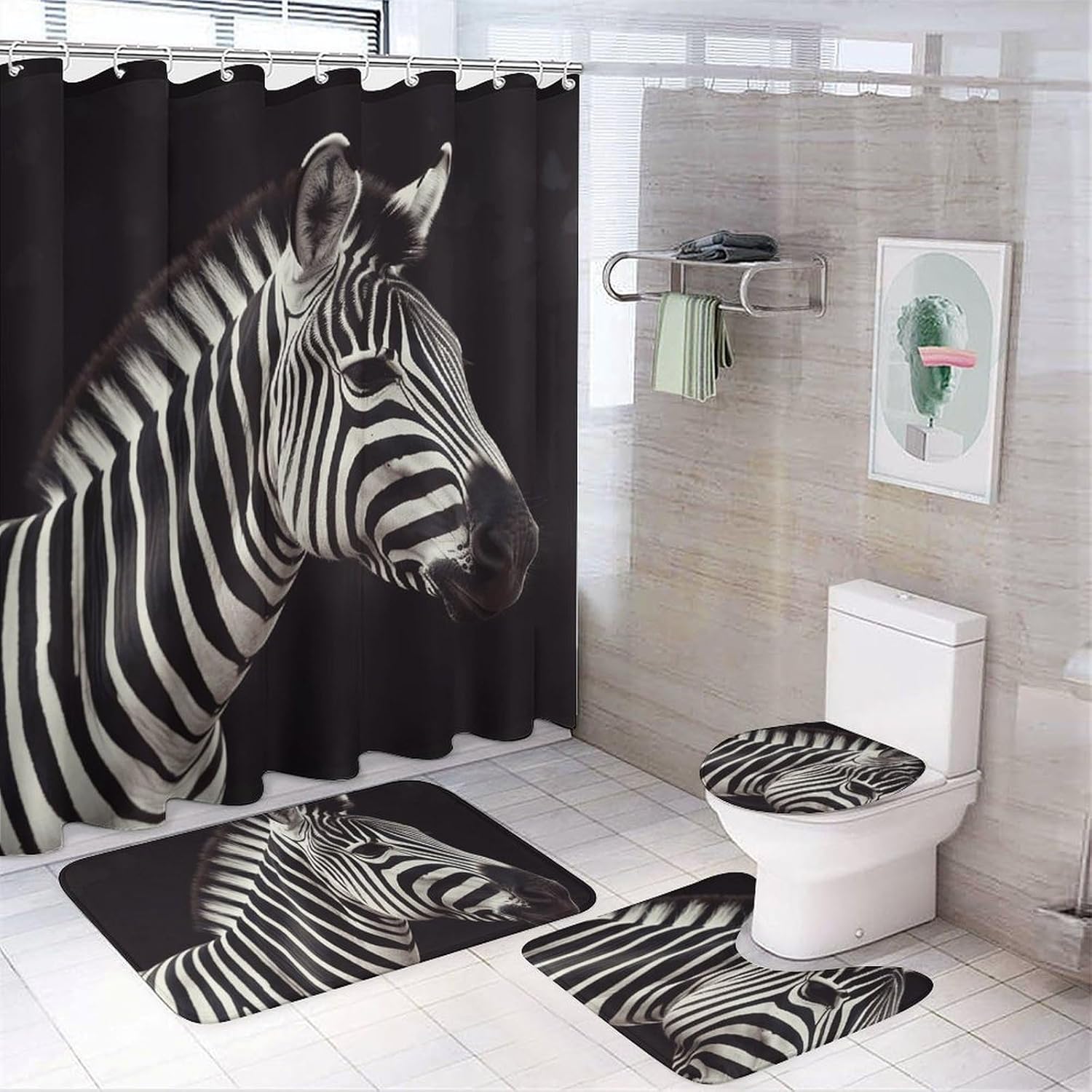 Animal Zebra Shower Curtains Set 4 Piece with Non-Slip Rugs, Toilet Lid Cover and Bath Mat Soft Bathroom Carpet Waterproof Bathroom Curtain with 12 Hooks for Bathroom Decor