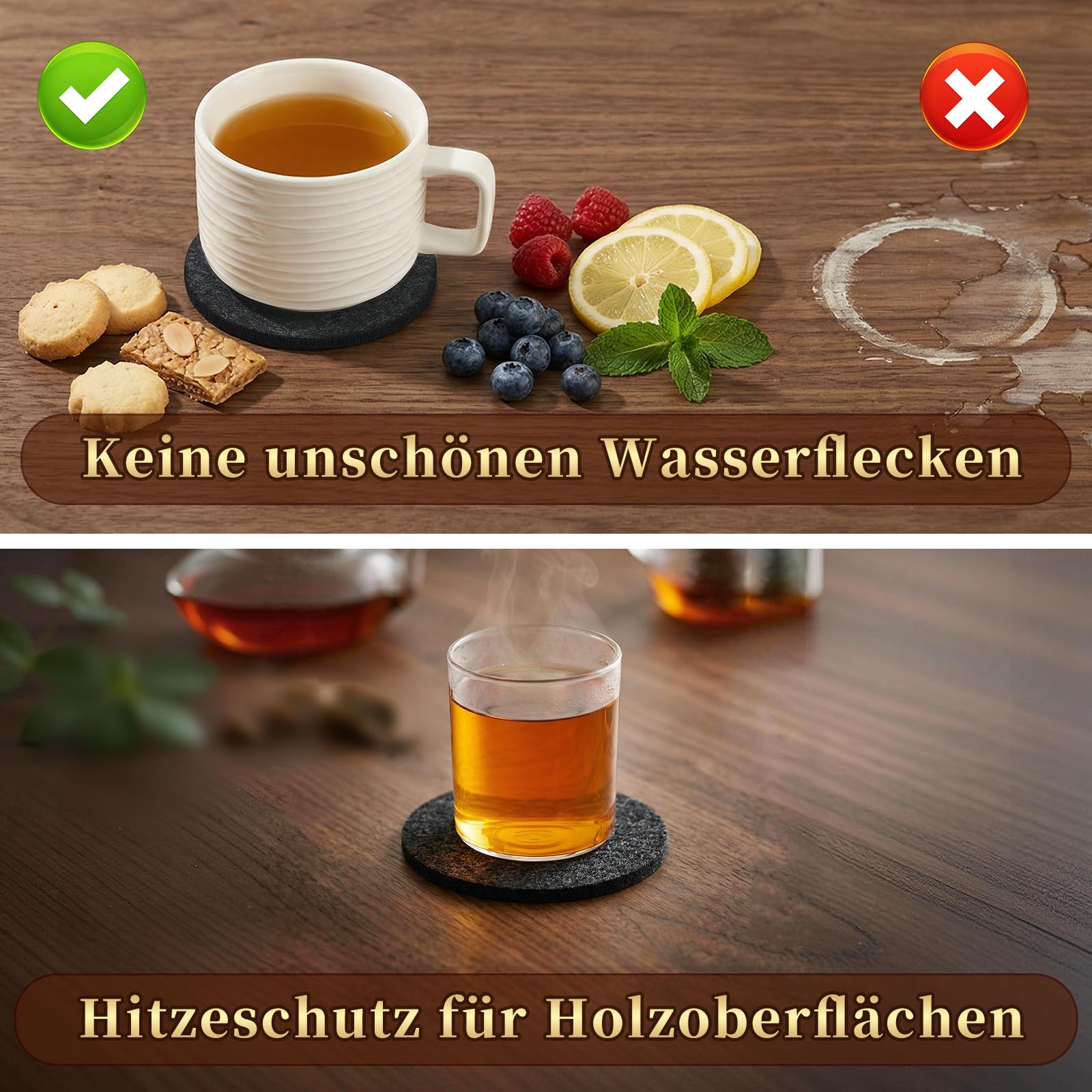24er Set Untersetzer für Gläser, runde Filzuntersetzer für Heiß- und Kaltgetränke, 10cm Bierdeckel für Zuhause, Restaurant, Büro & Bar (Dunkelgrau)