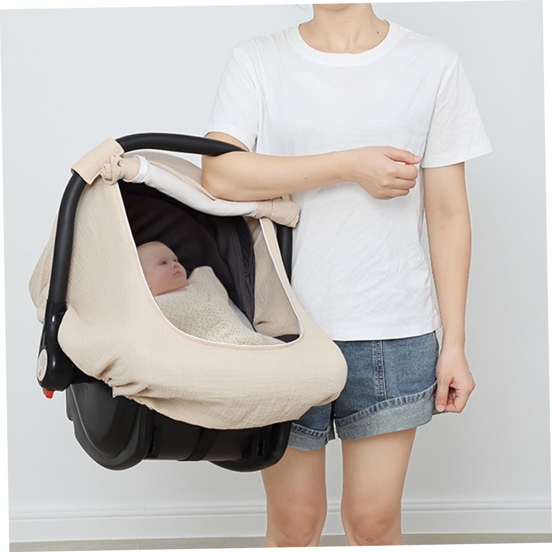 Car Seat Cover Baby 360 Protection Cotton Gauze Baby Car Seat Cover with Breathable Mesh Fabric Lightweight for Boys Girls, Light Khaki — view 5