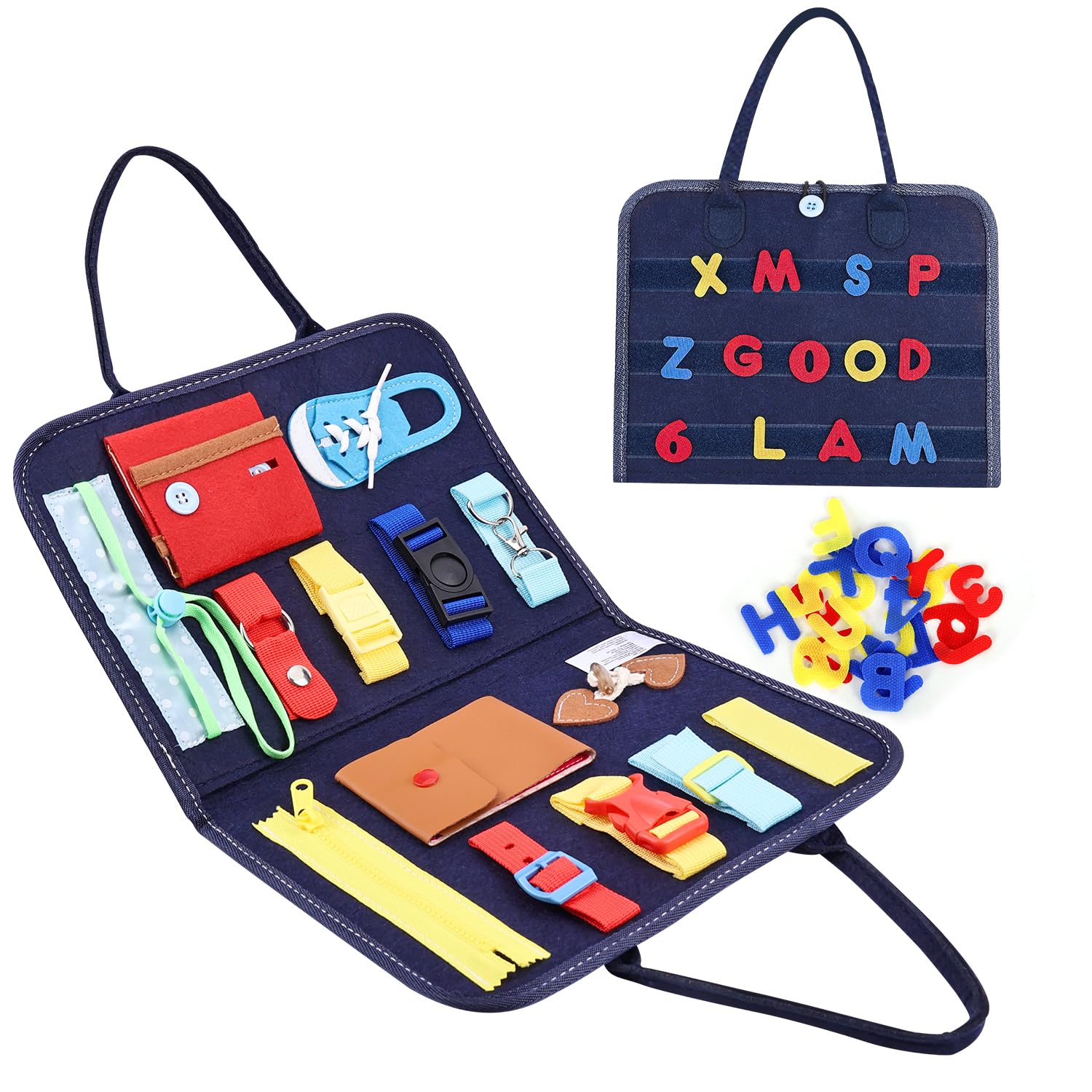 Esjay Busy Board, Sensory Board for Fine Motor Skill, Montessori Toys Educational Learning Activities for 3+ Year Old, Travel Car Airplane Toys Gifts for Boys Girls,Blue Alphabet