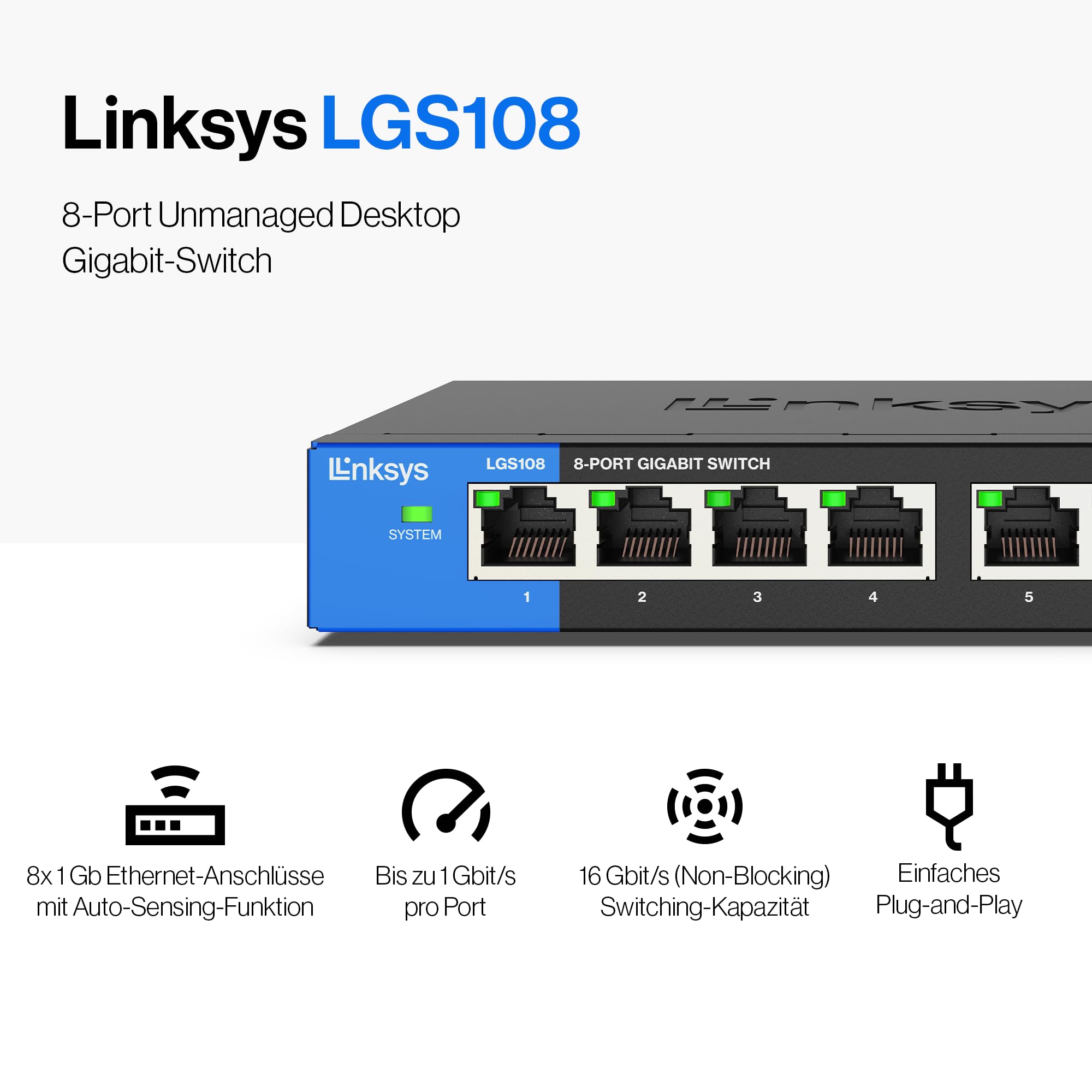 Linksys LGS108-EU 8-Port Unmanaged Gigabit-Netzwerk-Switch – Ethernet-Switch/Hub mit Metallgehäuse, Splitter – Platzierung an der Wand oder auf dem Schreibtisch im Büro oder zu Hause, Plug-and-Play, Color