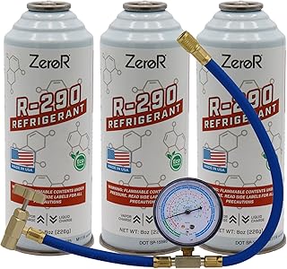ZeroR R290 AC Refrigerant Recharge Kit | 14" Hose Can Tap with Gauge | 3-8oz Cans