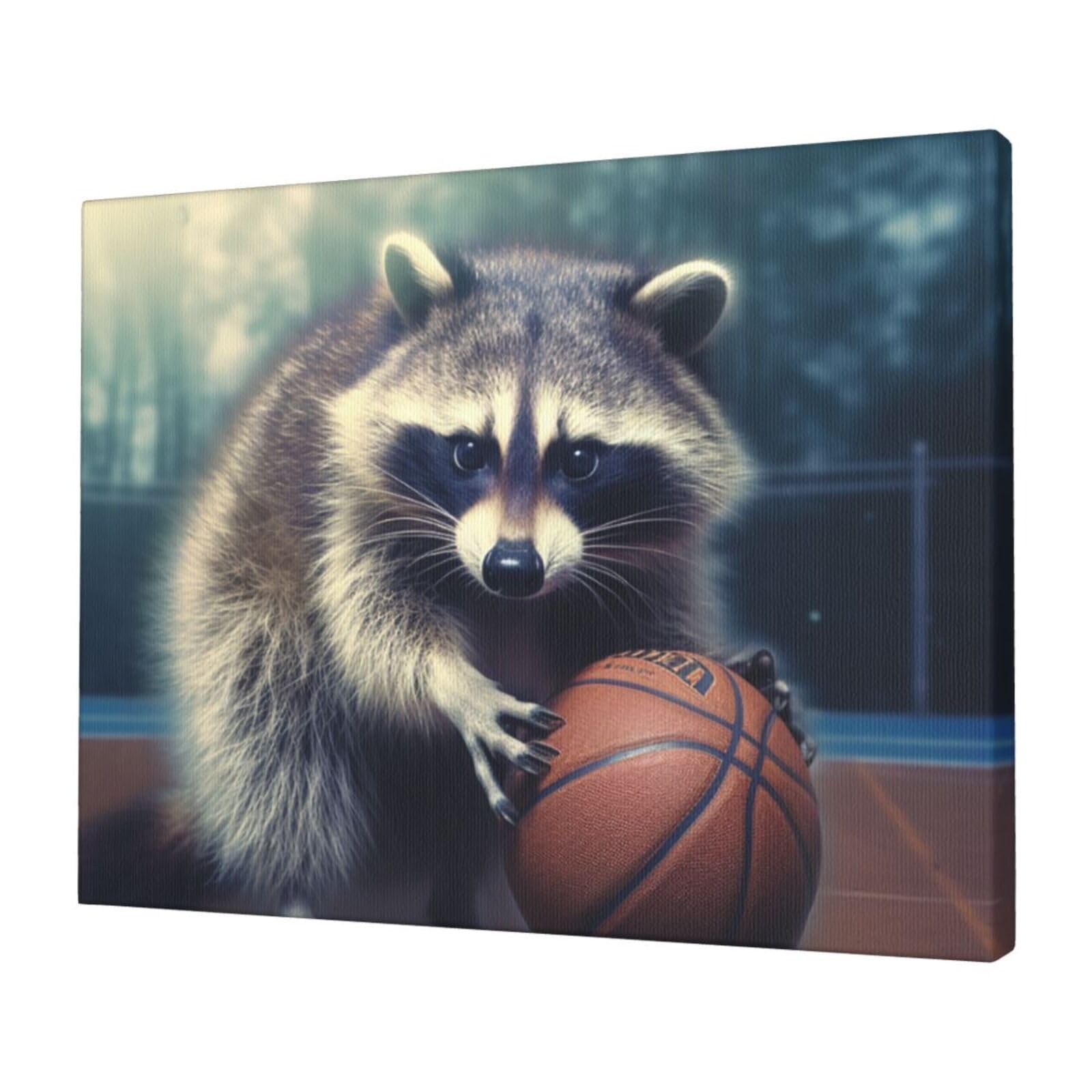 FodPand Canvas Wall Art for Living Room Wall Decor 12"x16" Modern Artwork Painting Pictures Hanging Canvas Prints Funny Raccoon Basketball Aesthetic Wall Art for Bedroom Bathroom Office Wallart Decor